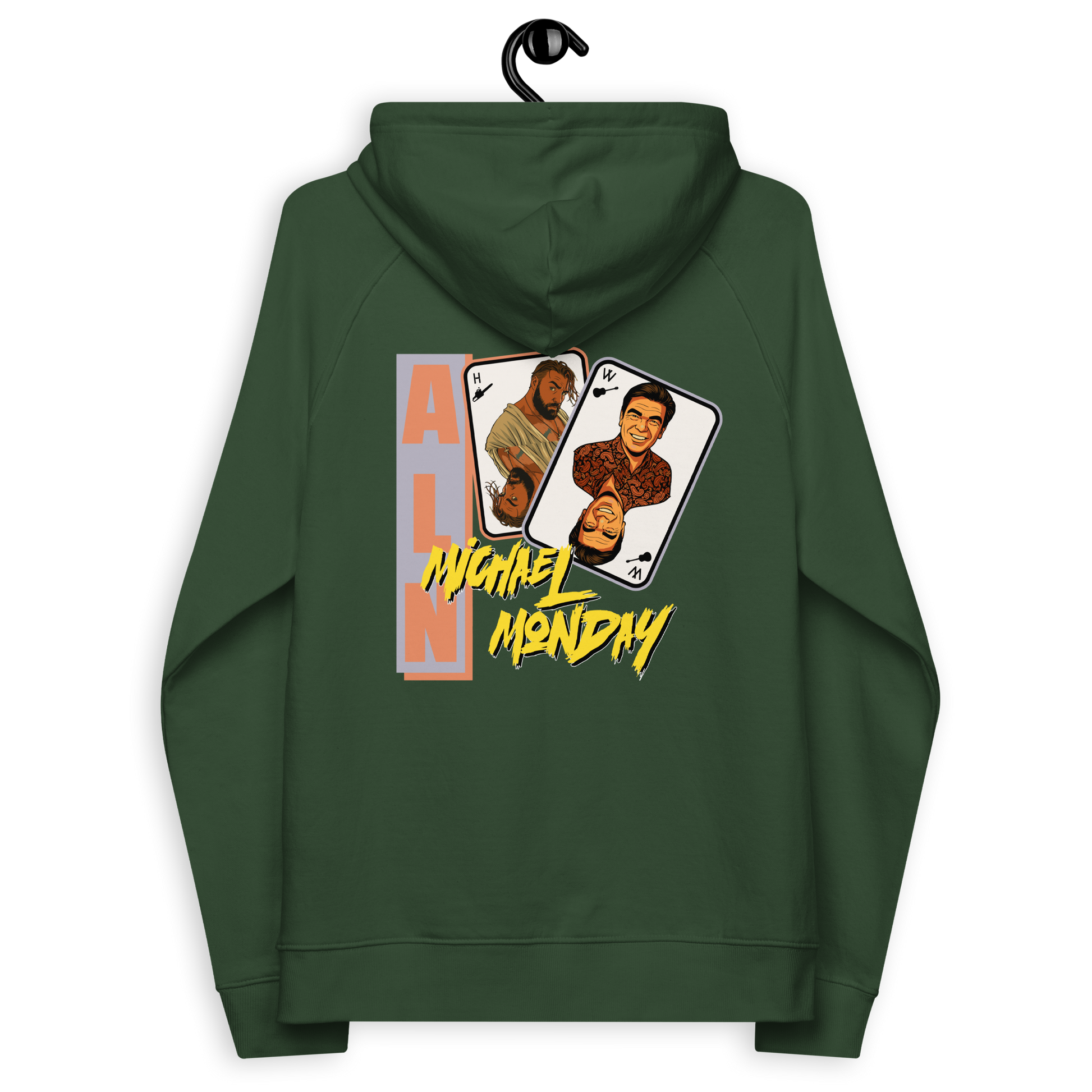 Back view of a bottle green colored aln hoodie.