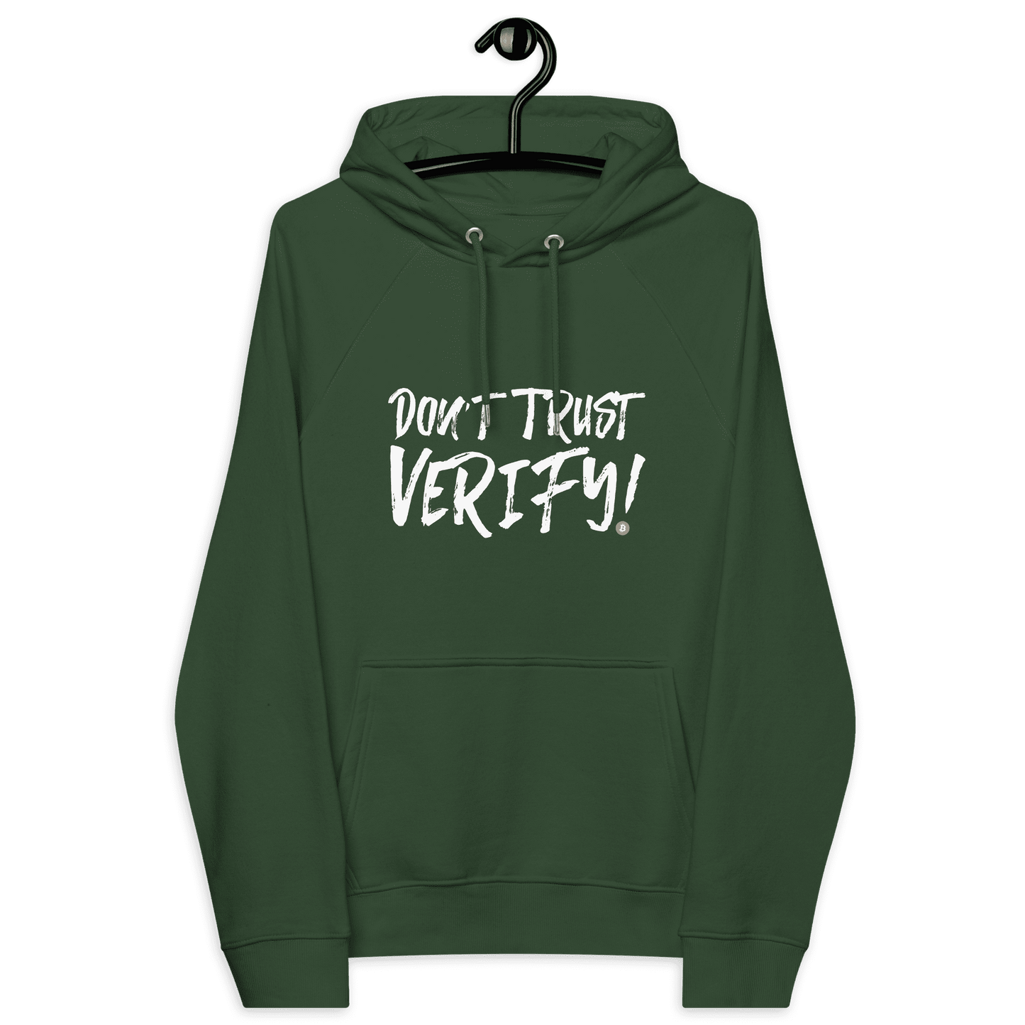 Front view of a bottle green colored bitcoin hoodie.