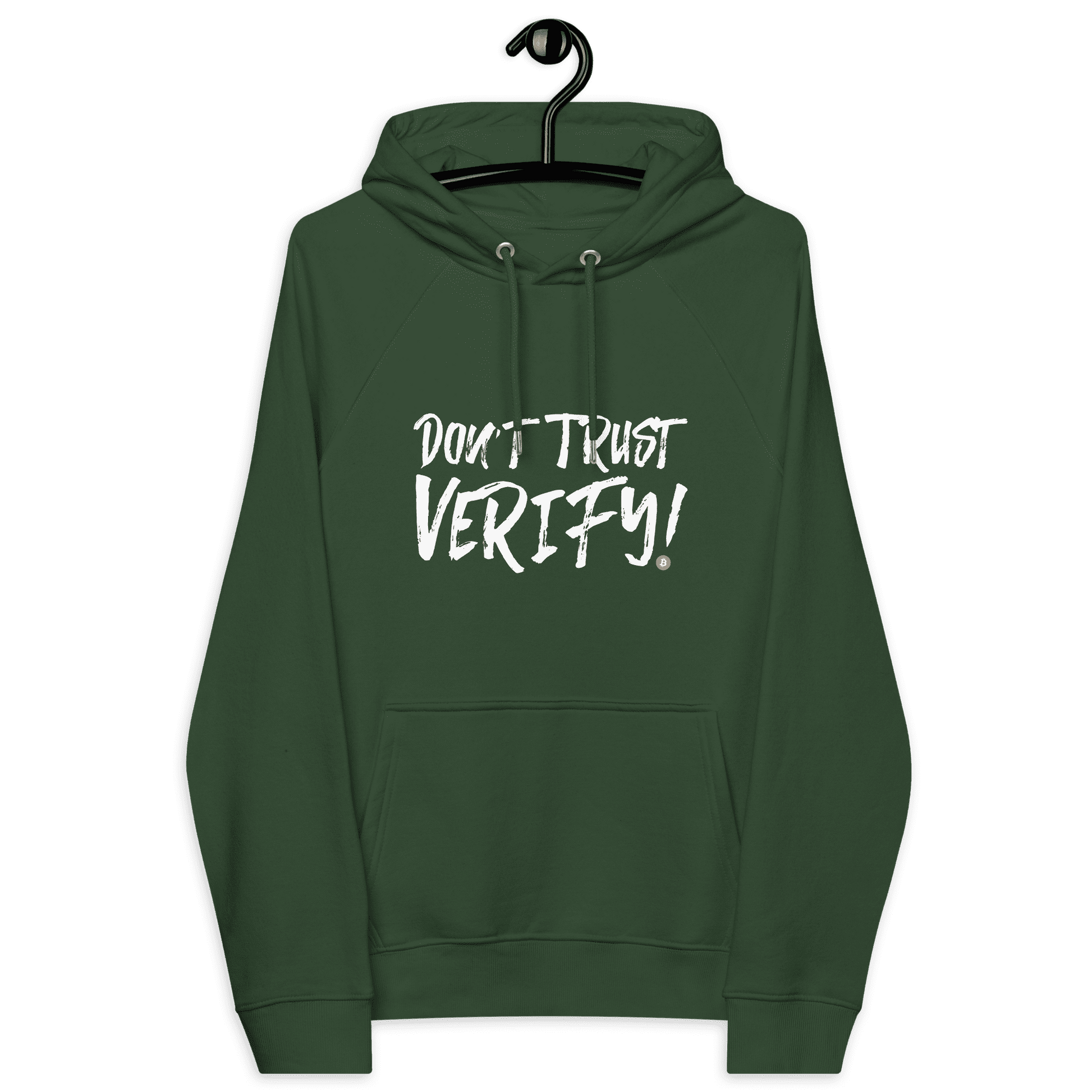 Front view of a bottle green colored bitcoin hoodie.
