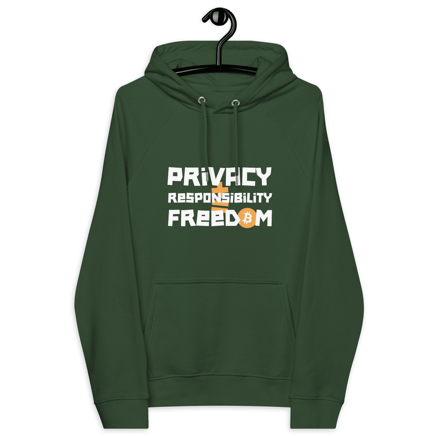 Front view of a bottle green colored bitcoin hoodie.