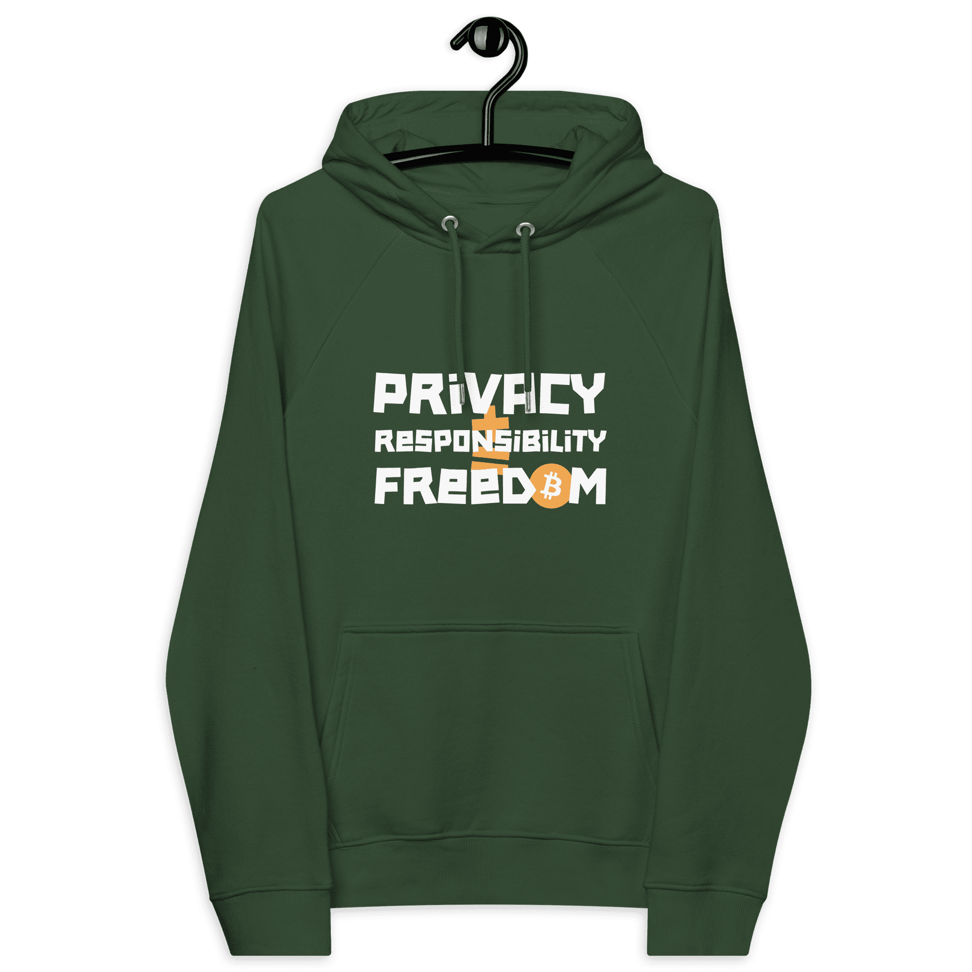Front view of a bottle green colored bitcoin hoodie.