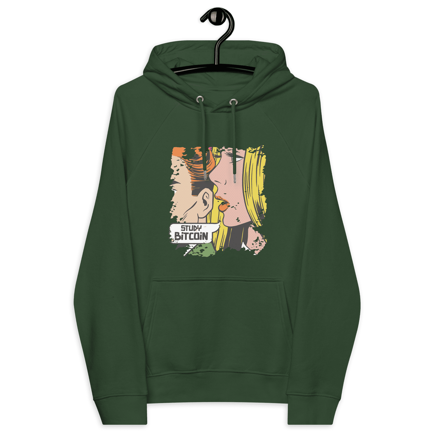 Front view of a bottle green colored bitcoin hoodie.