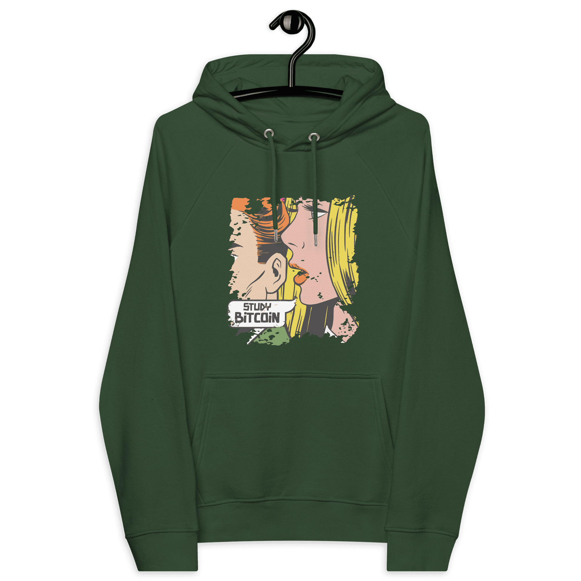 Front view of a bottle green colored bitcoin hoodie.