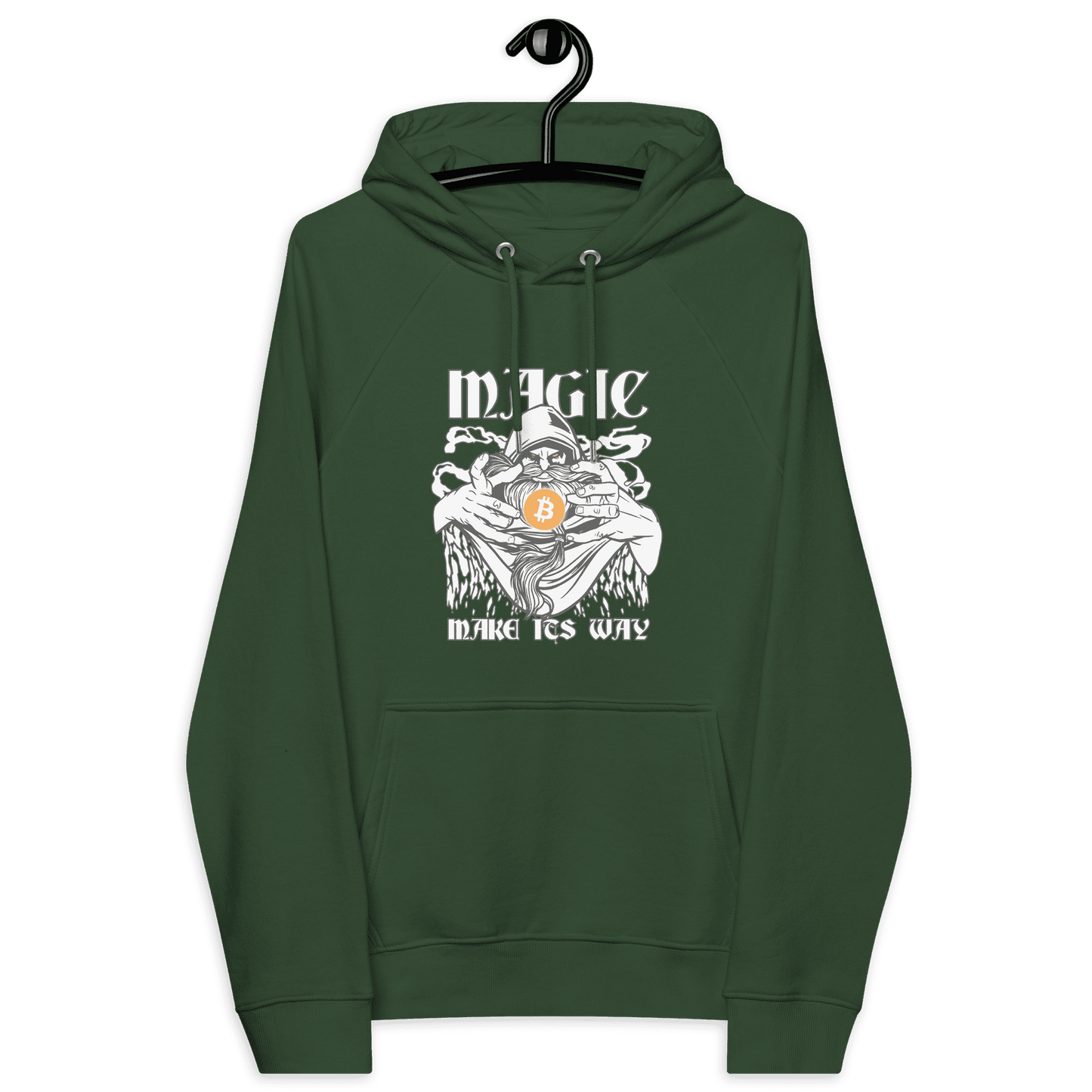 Front view of a bottle green colored bitcoin hoodie.