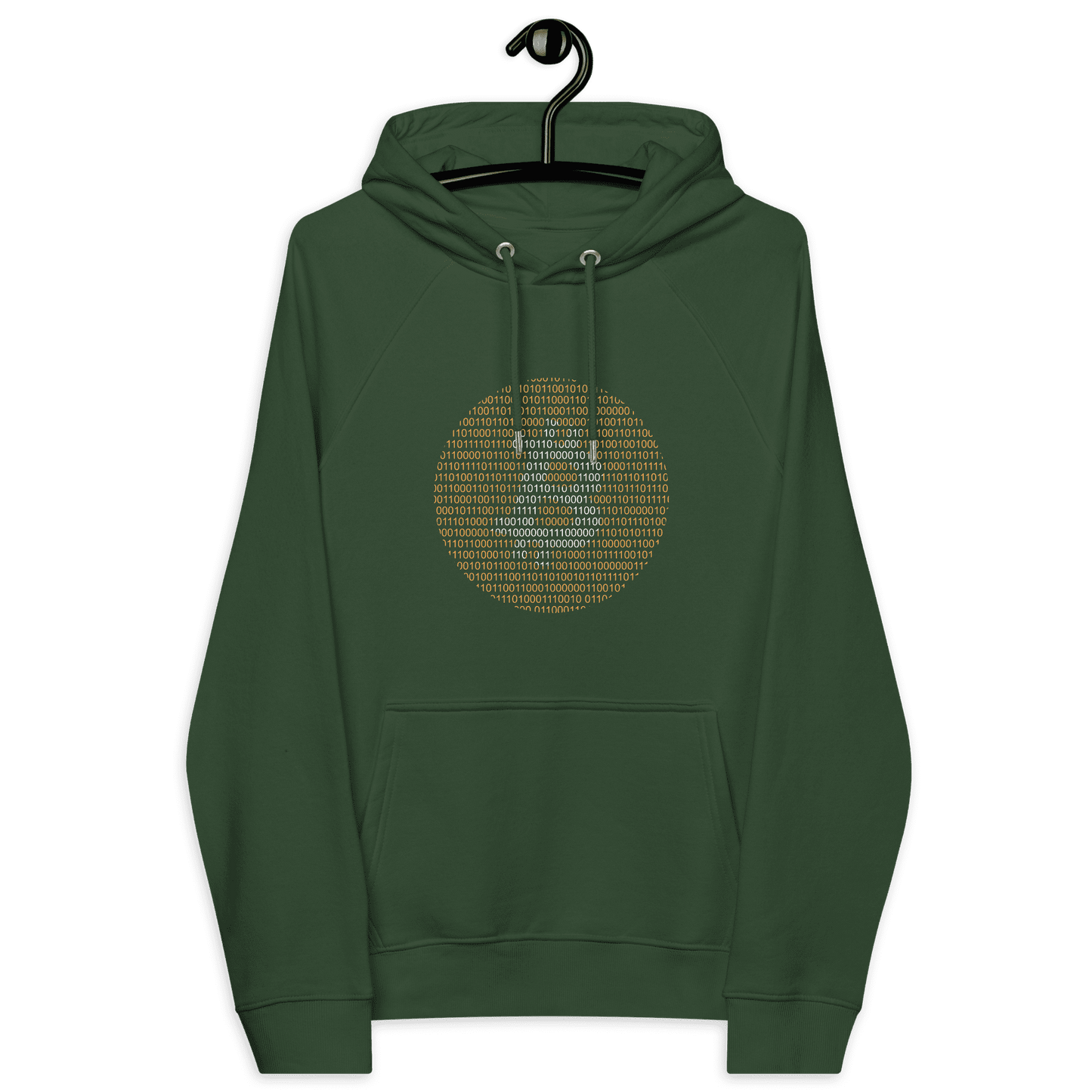 Front view of a bottle green colored bitcoin hoodie.