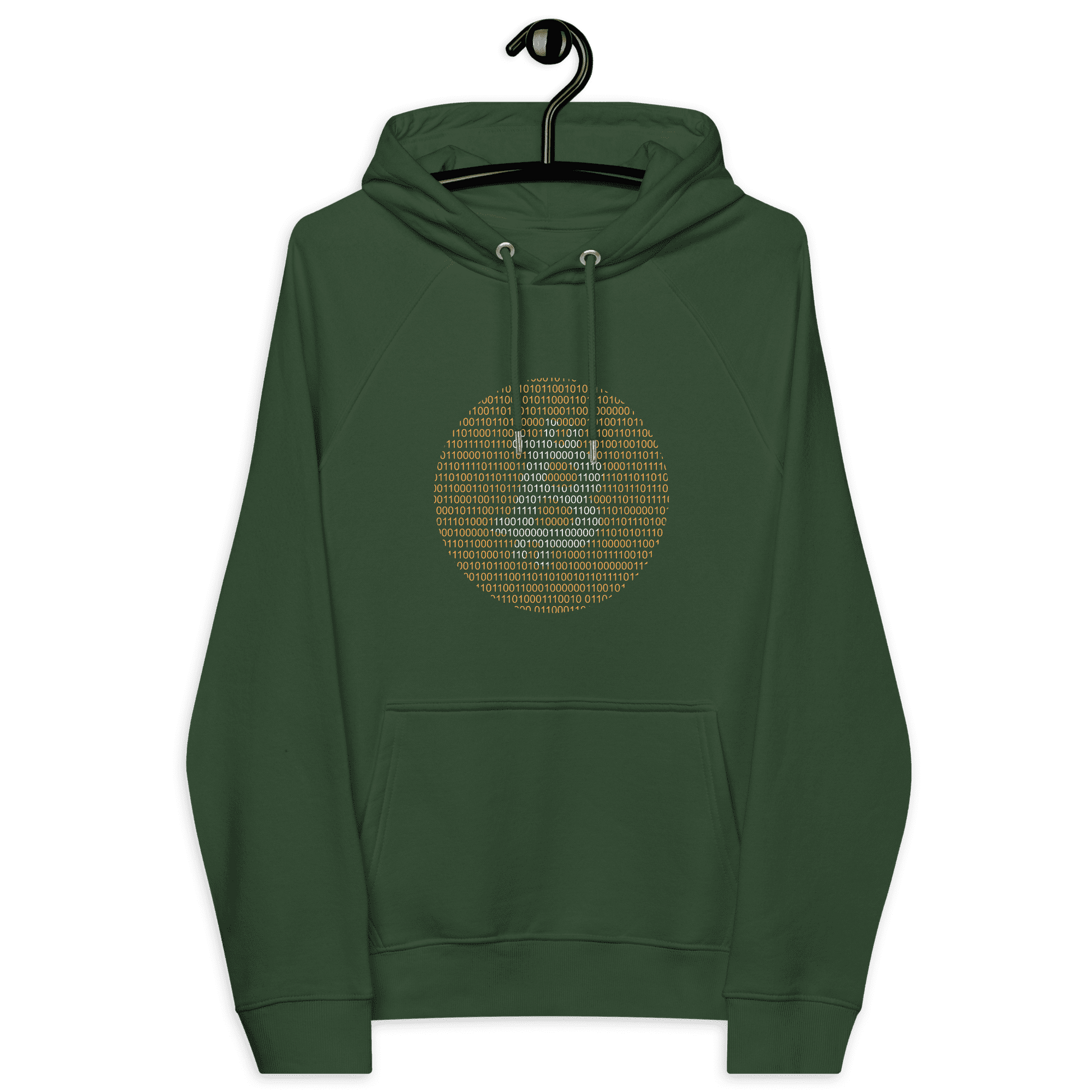 Front view of a bottle green colored bitcoin hoodie.