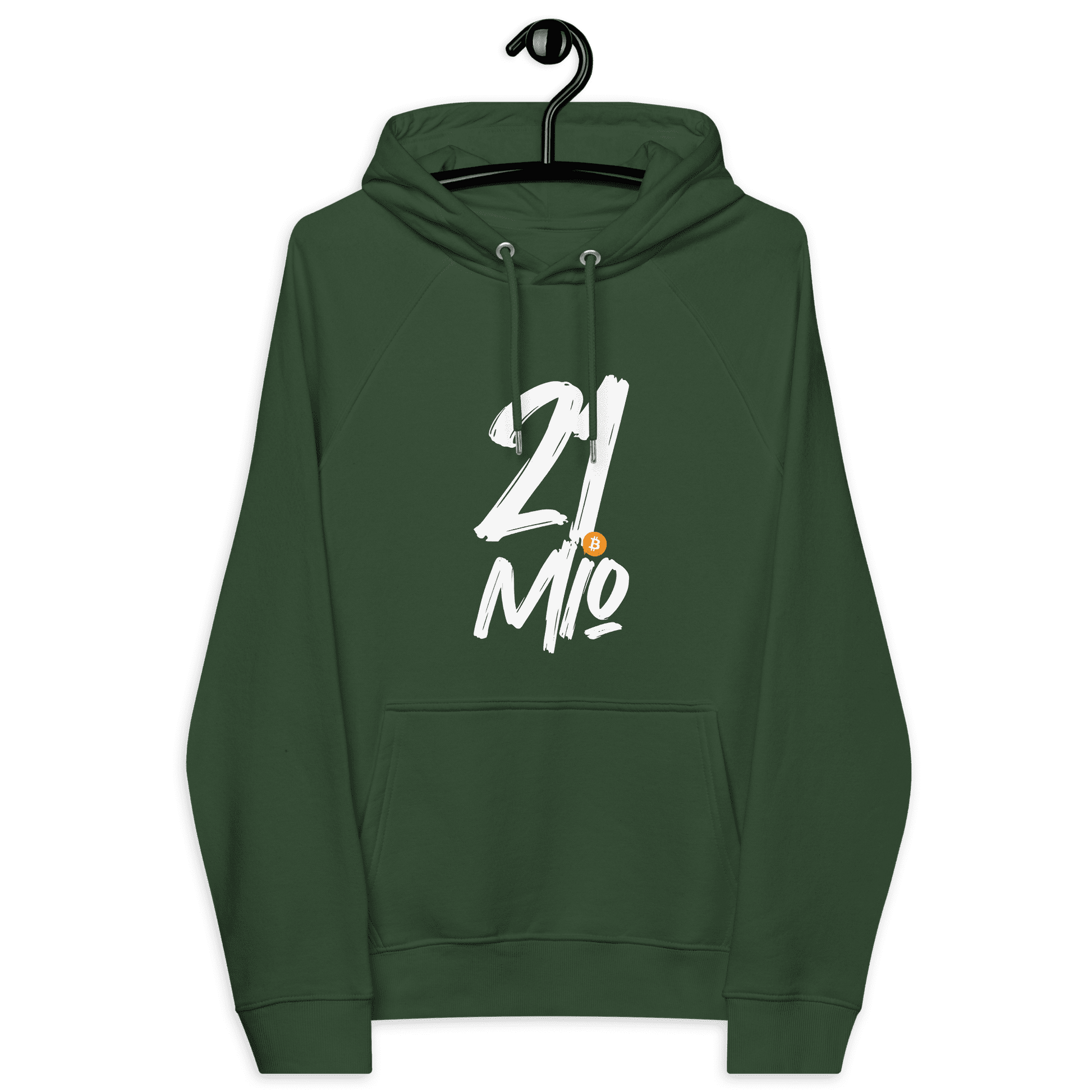 Front view of a bottle green colored bitcoin hoodie.