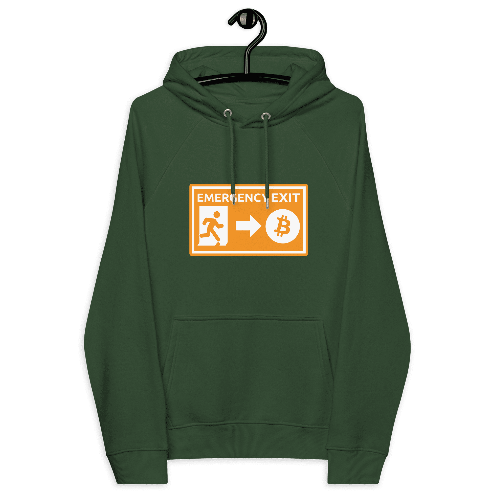 Front view of a bottle green colored bitcoin hoodie.
