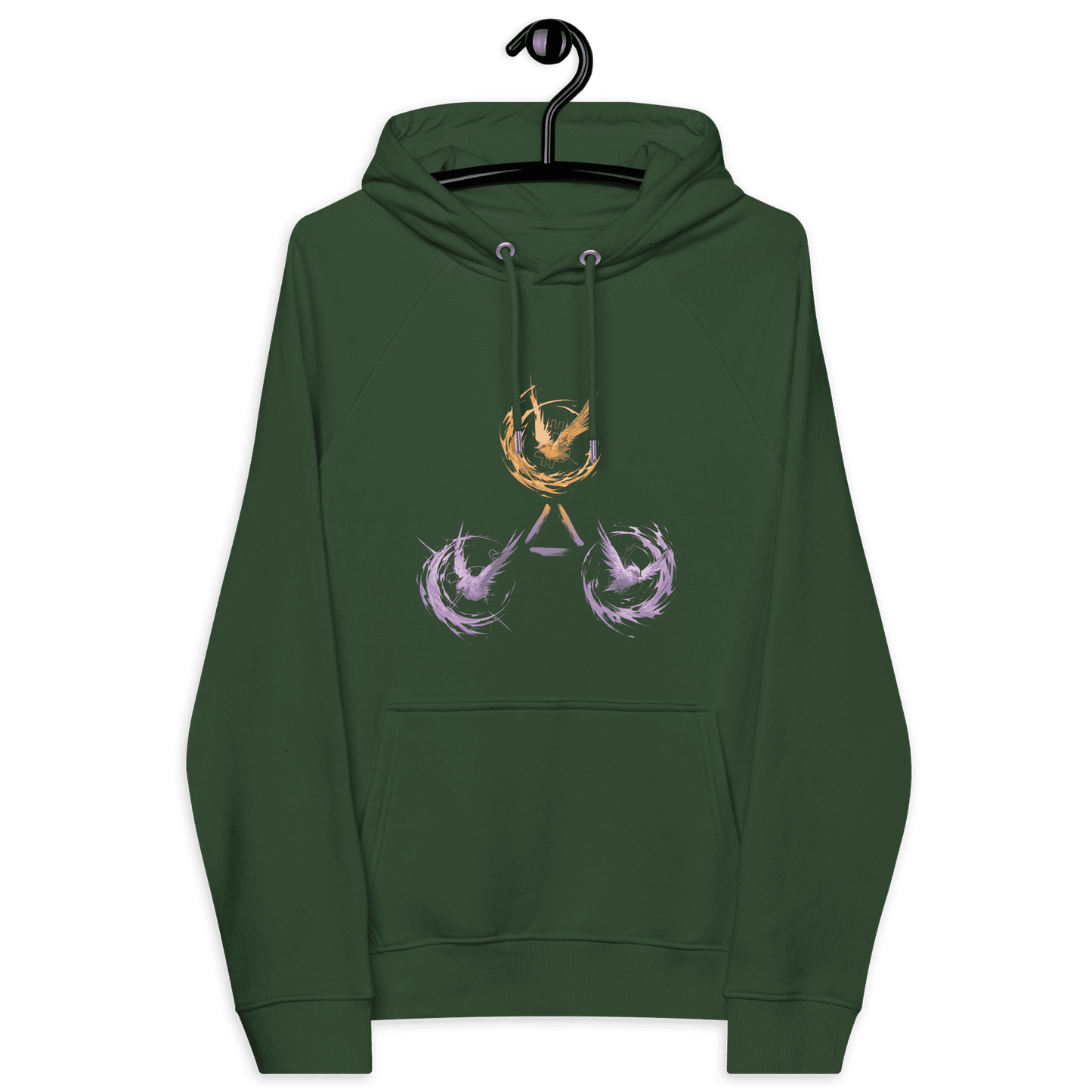 Front view of a bottle green colored bitcoin hoodie.