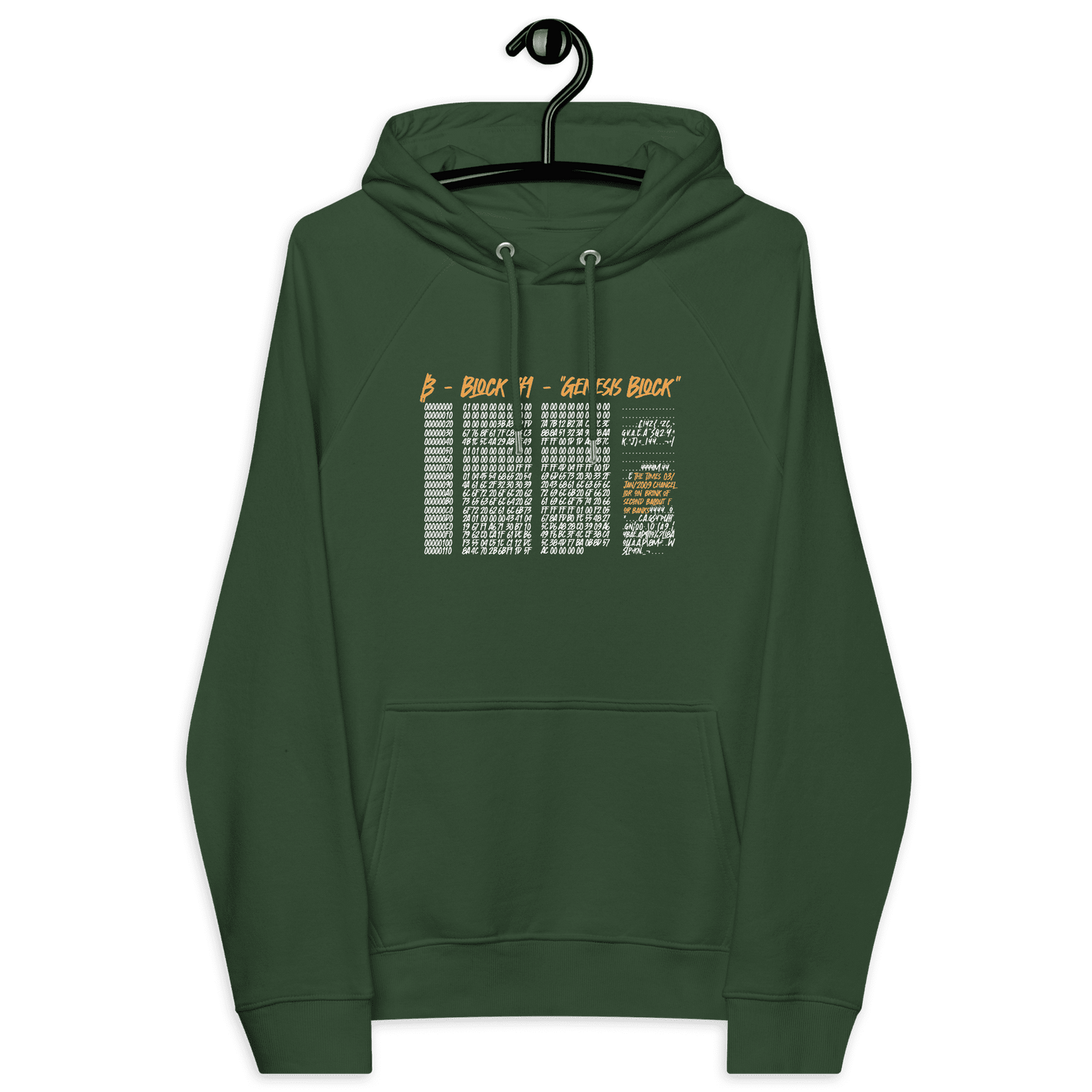 Front view of a bottle green colored bitcoin hoodie.