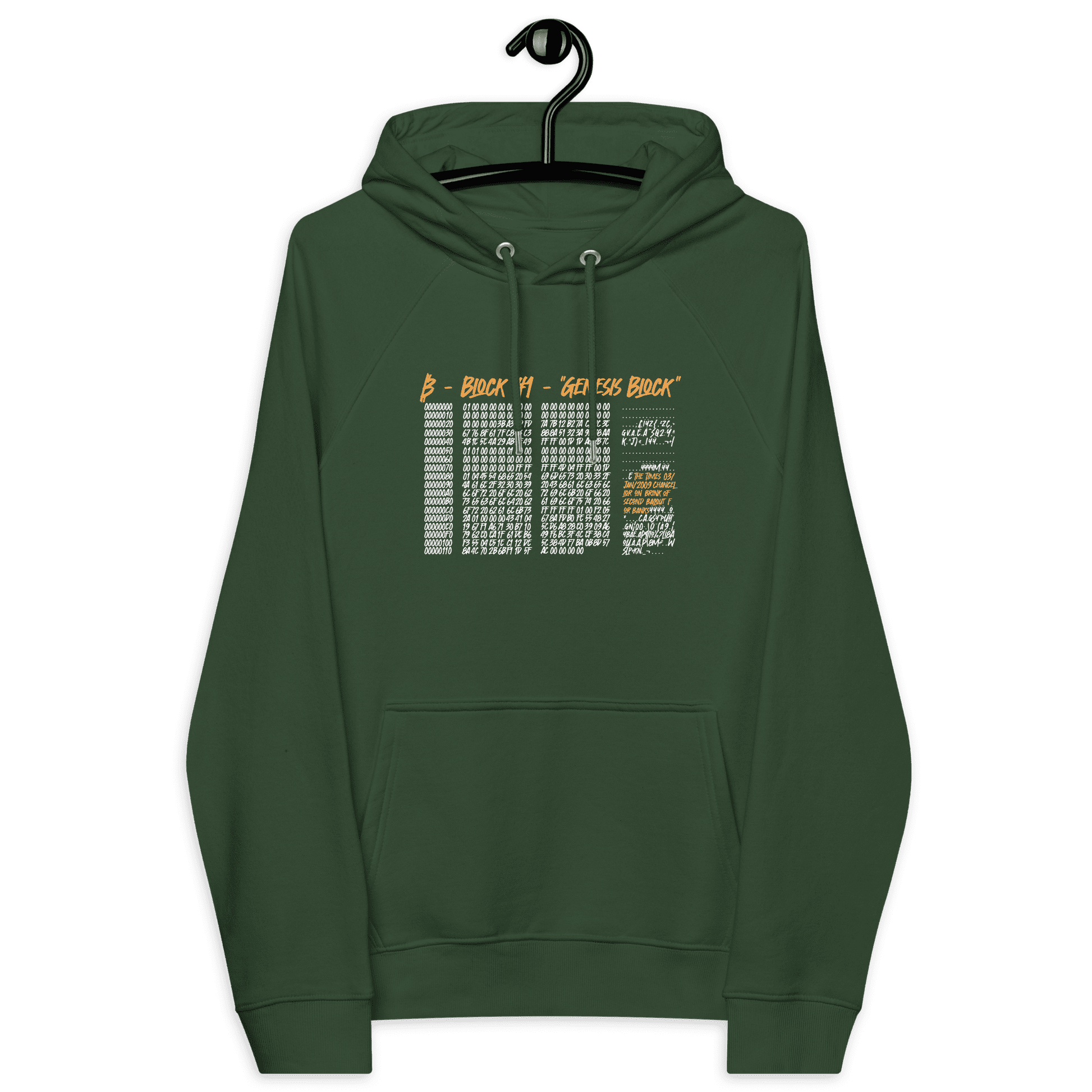Front view of a bottle green colored bitcoin hoodie.