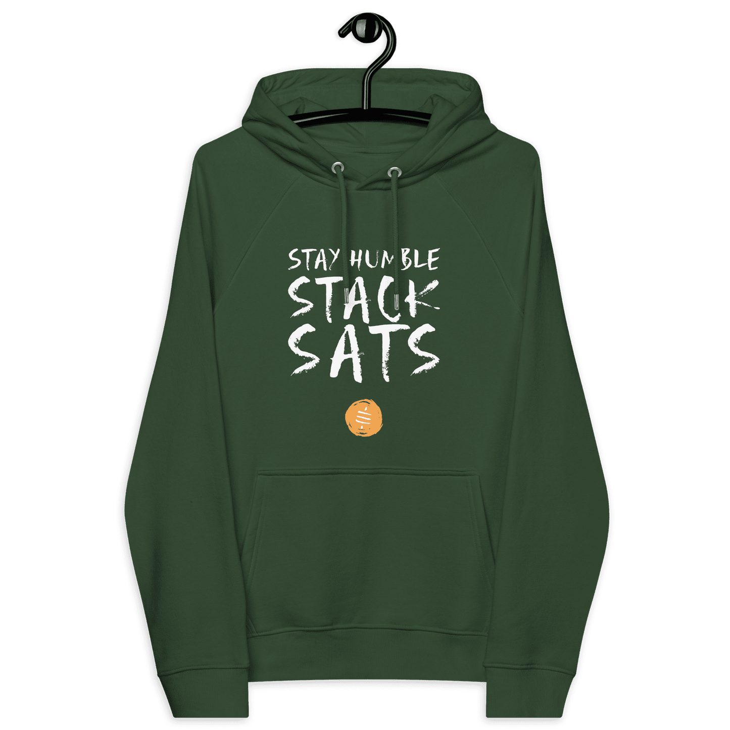 Front view of a bottle green colored bitcoin hoodie.