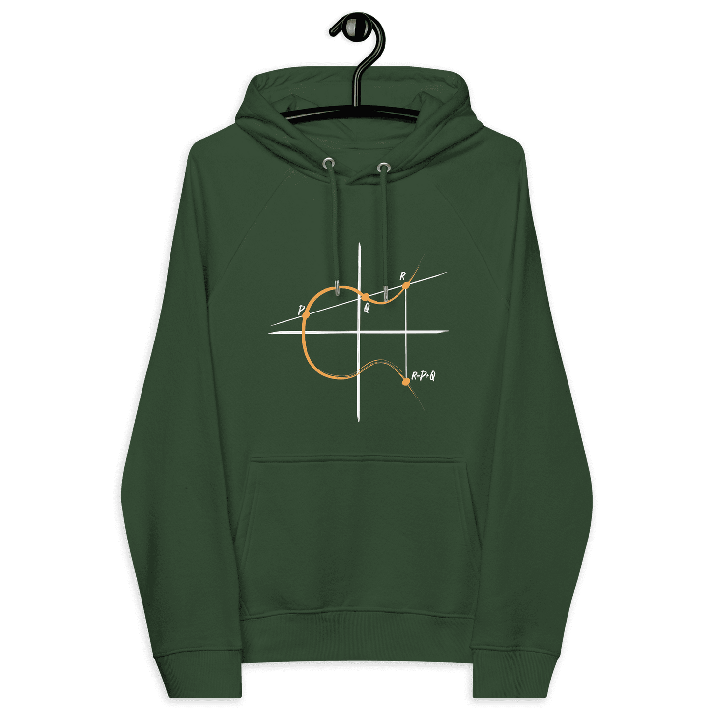 Front view of a bottle green colored bitcoin hoodie.