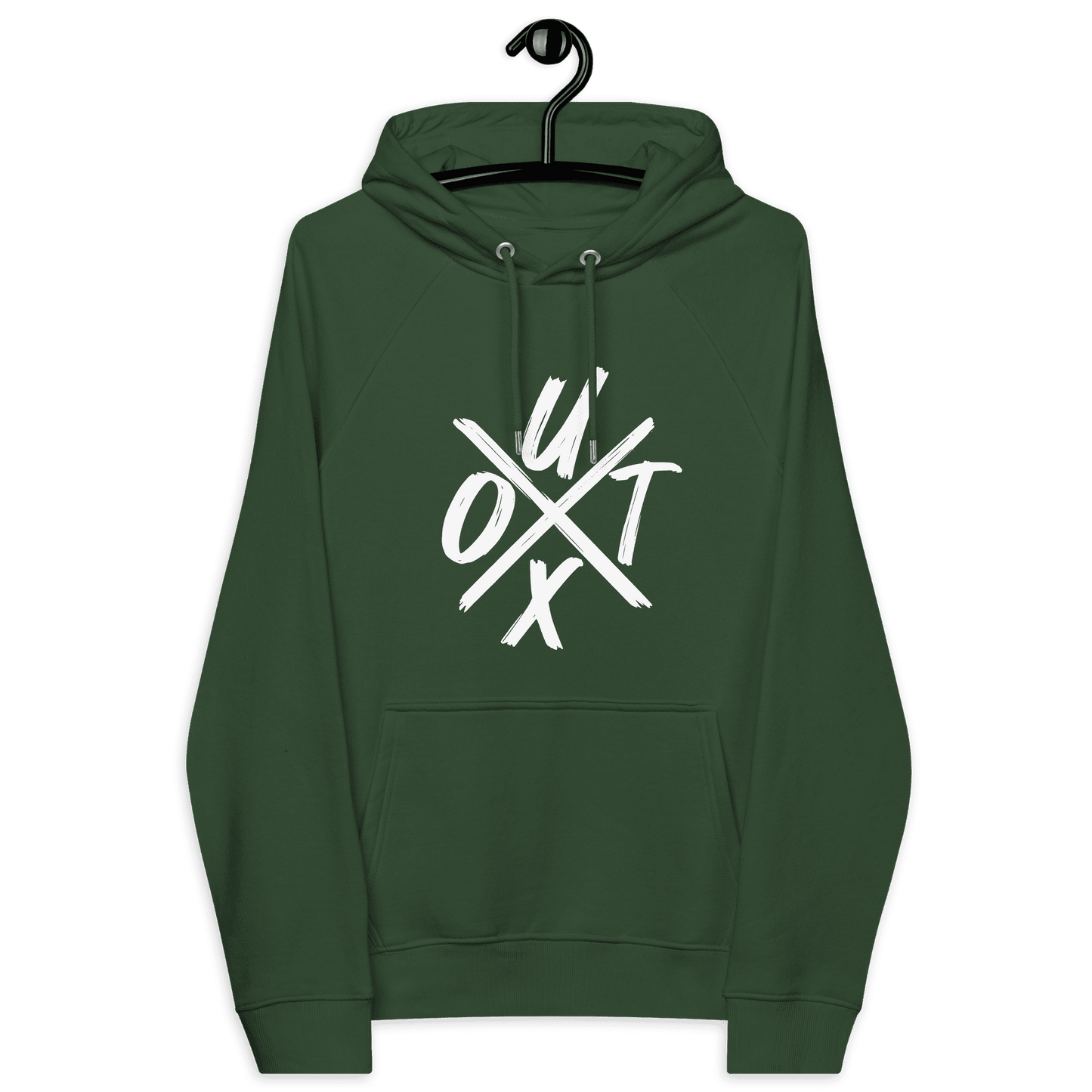 Front view of a bottle green colored bitcoin hoodie.