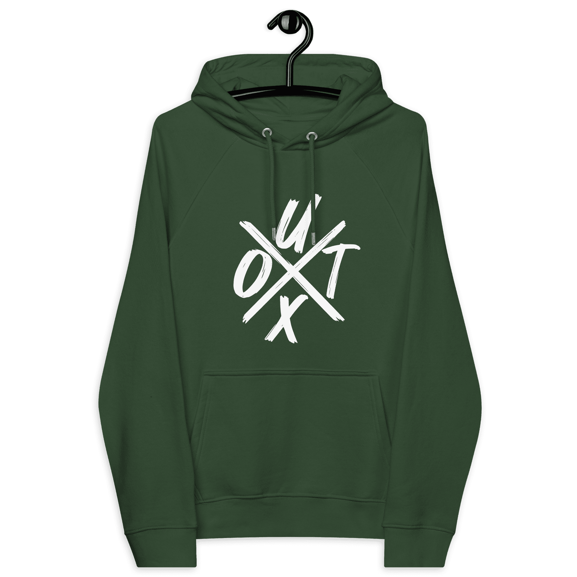 Front view of a bottle green colored bitcoin hoodie.