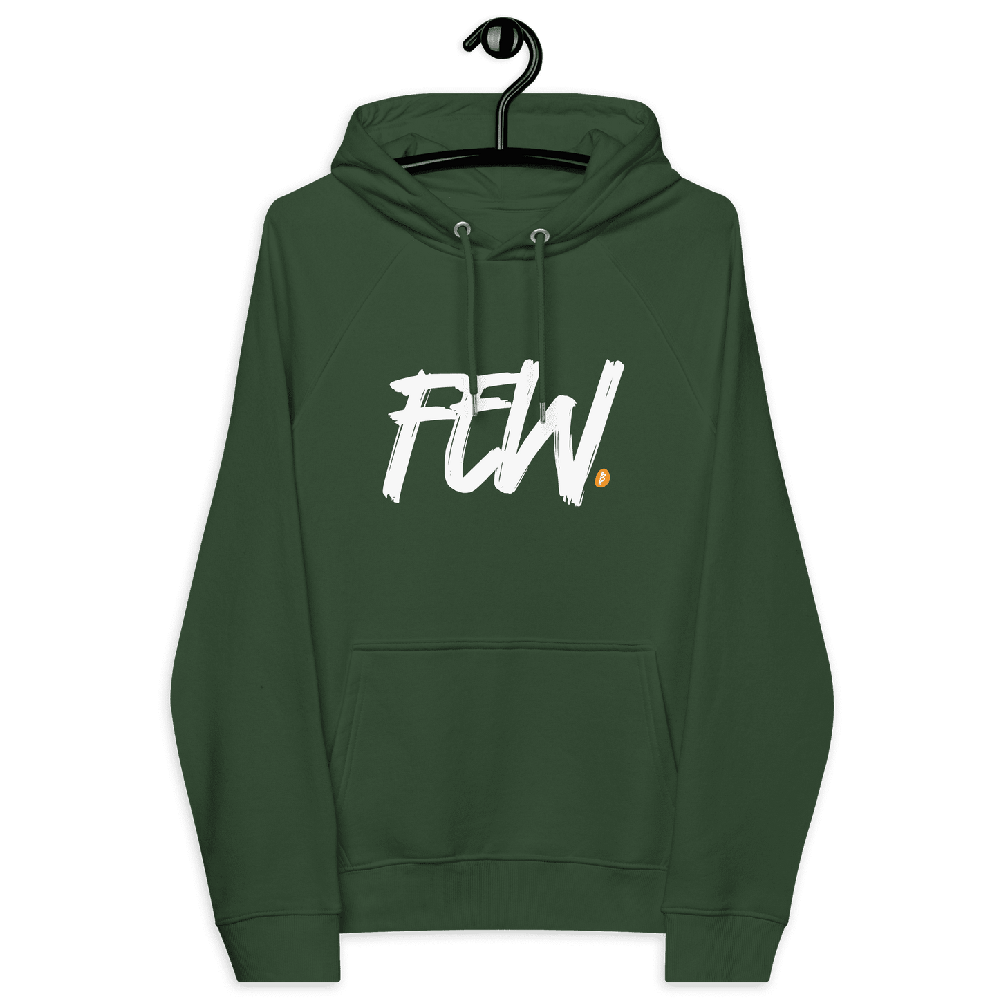 Front view of a bottle green colored bitcoin hoodie.