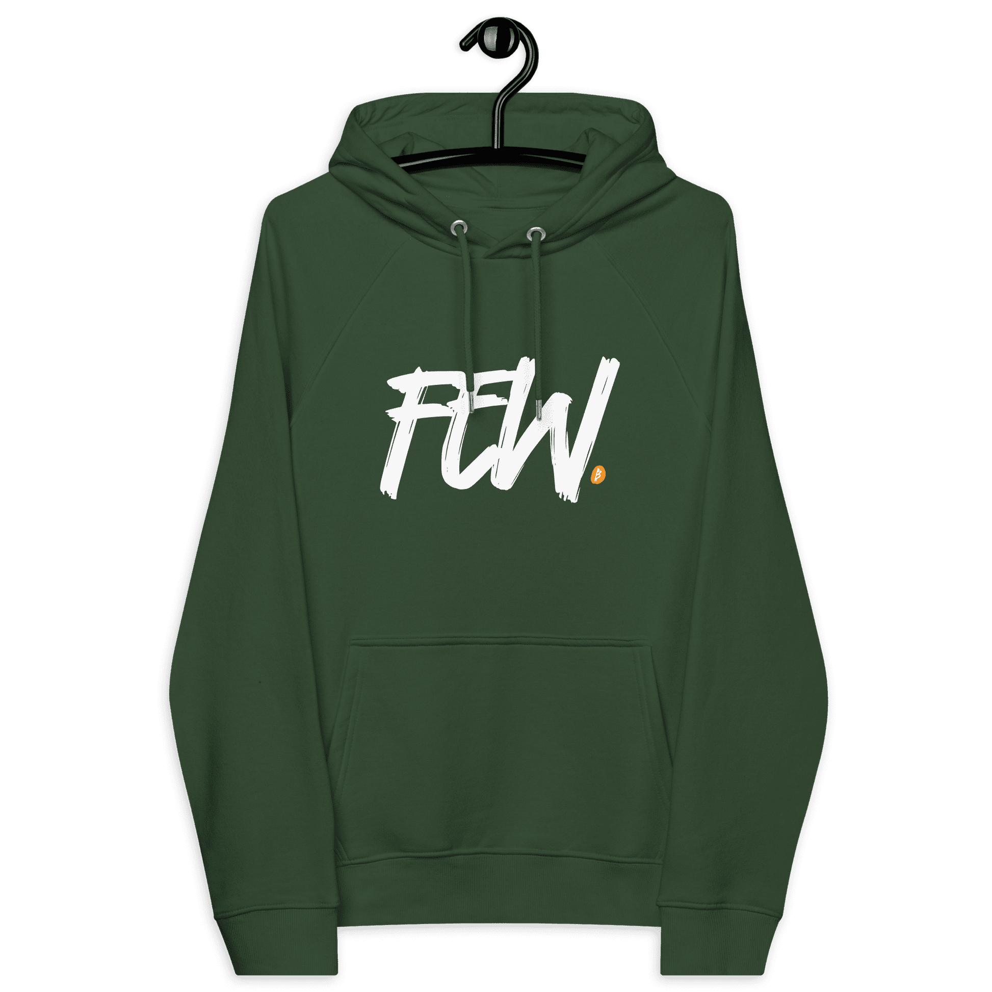 Front view of a bottle green colored bitcoin hoodie.