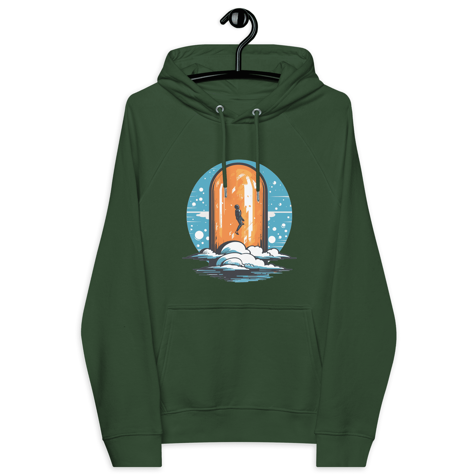 Front view of a bottle green colored bitcoin hoodie.