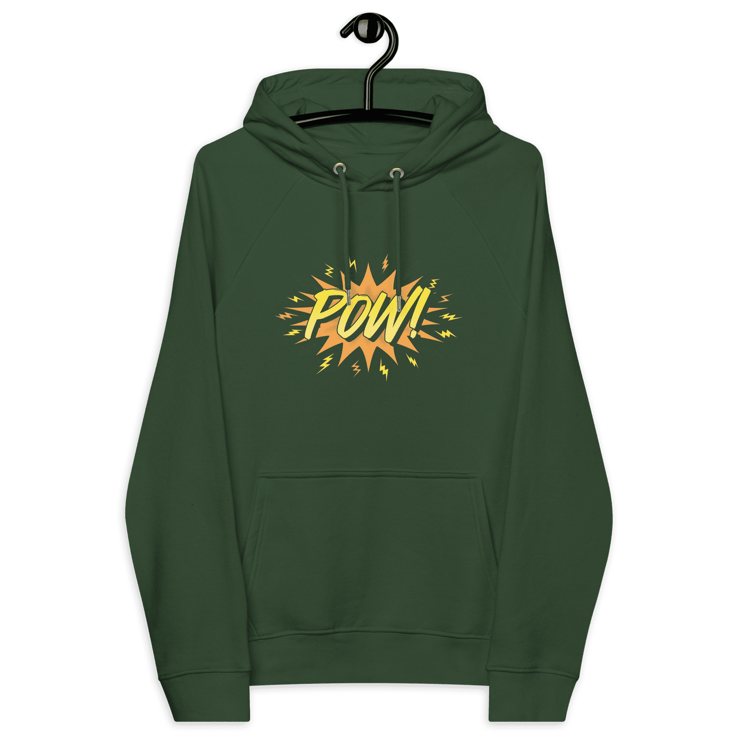 Front view of a bottle green colored bitcoin hoodie.