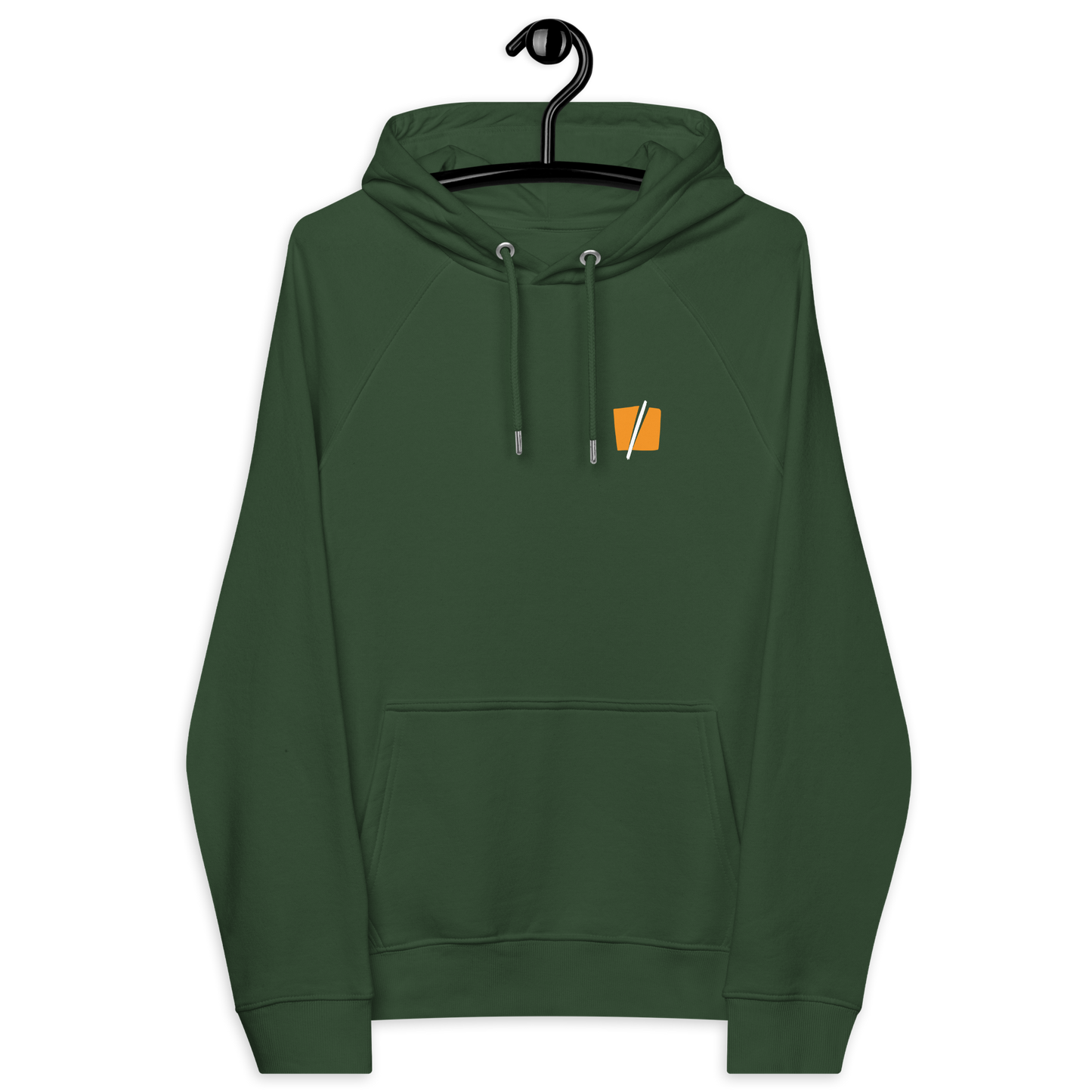 Front view of a bottle green colored bitcoin hoodie.