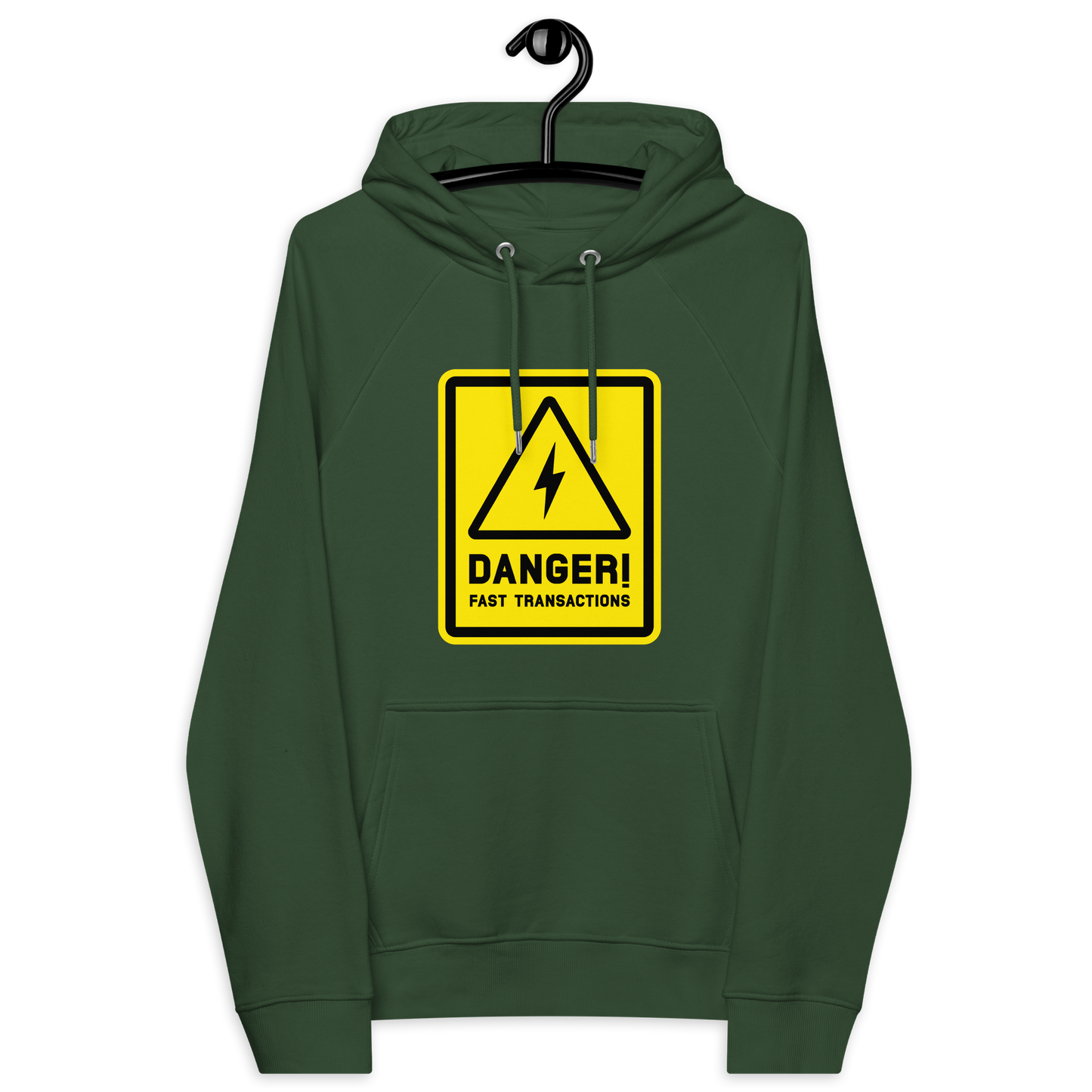 Front view of a bottle green colored bitcoin hoodie.