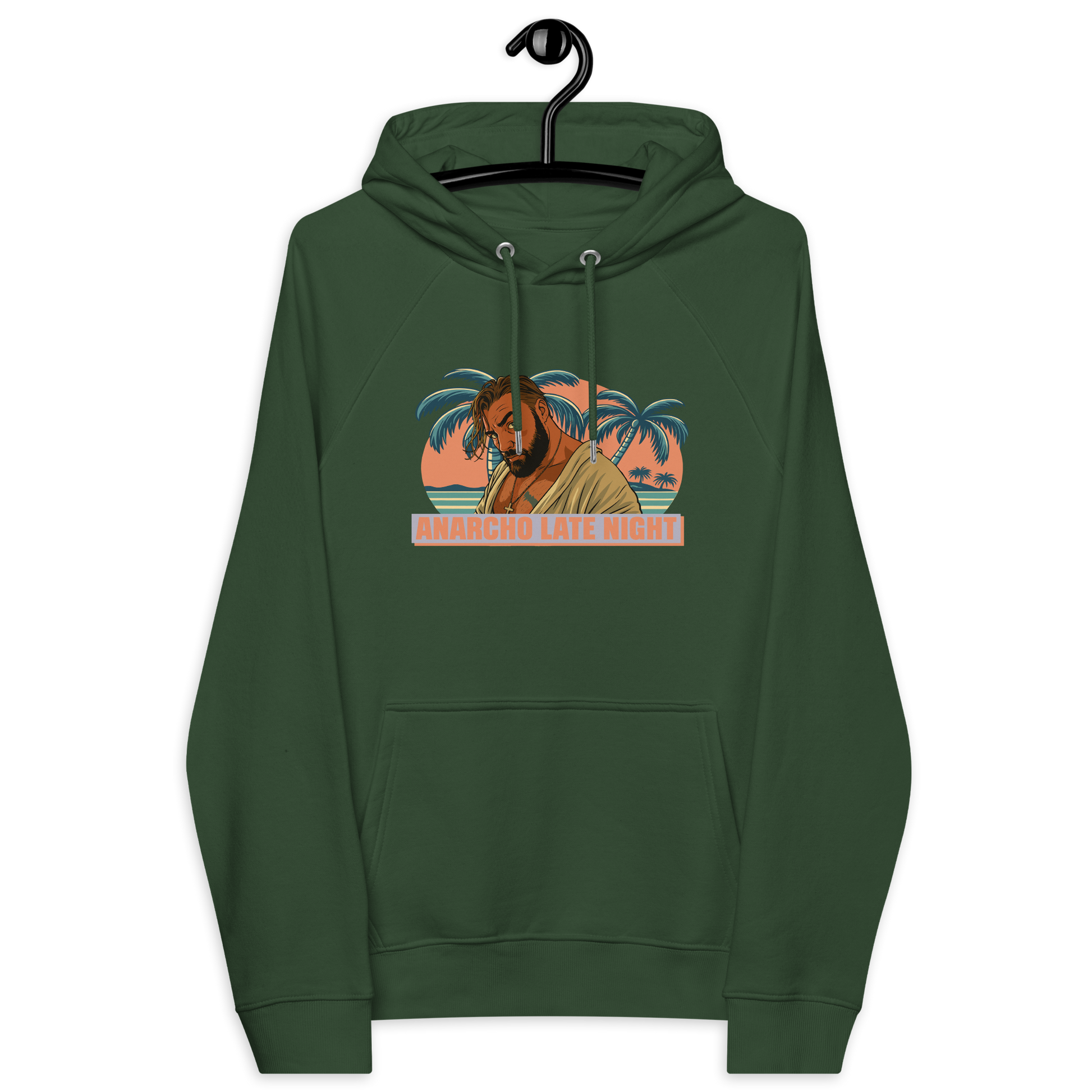Front view of a bottle green colored aln hoodie.