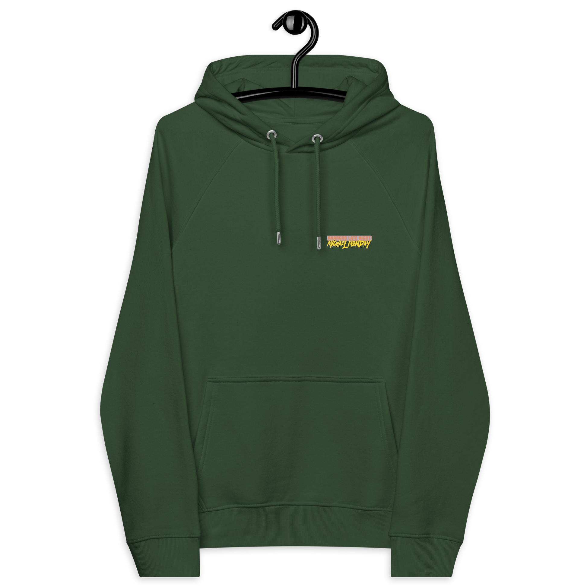 Front view of a bottle green colored aln hoodie.