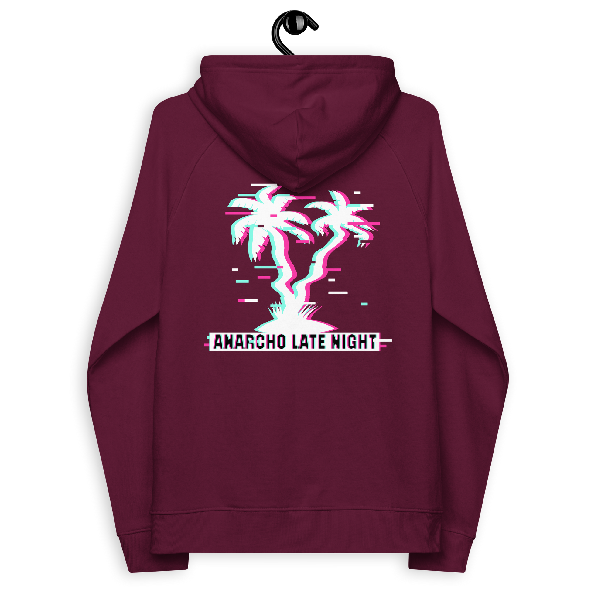 Back view of a burgundy aln hoodie.