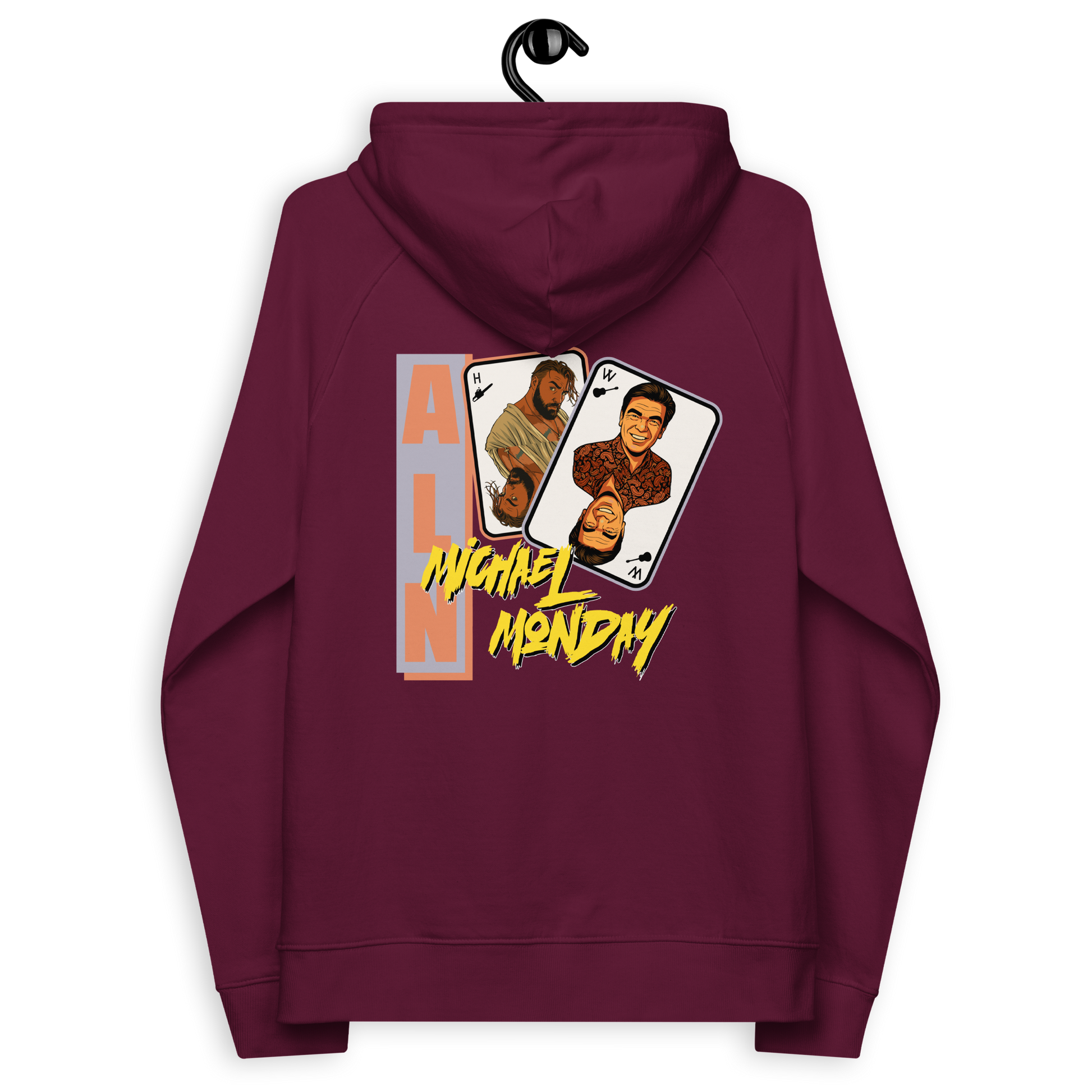 Back view of a burgundy aln hoodie.