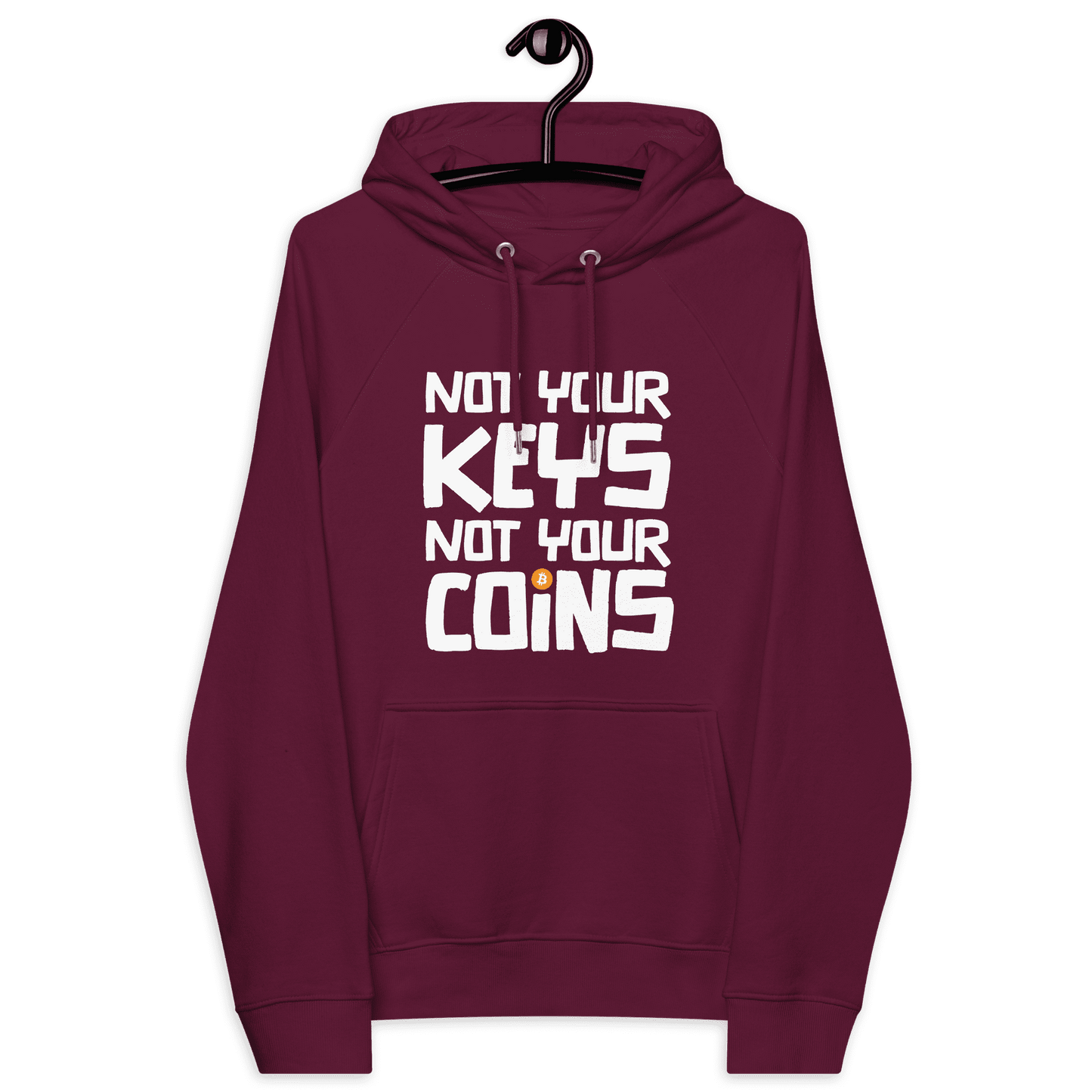 Front view of a burgundy bitcoin hoodie.