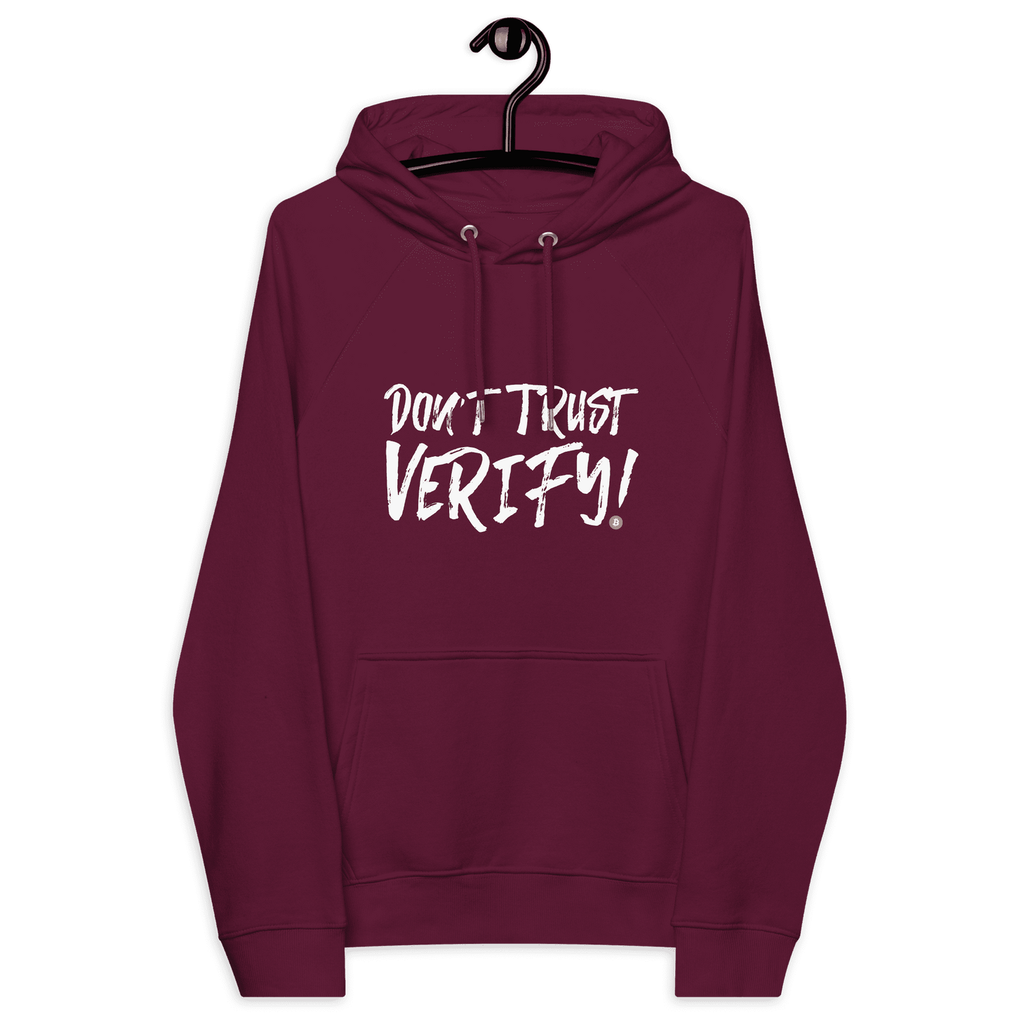 Front view of a burgundy bitcoin hoodie.