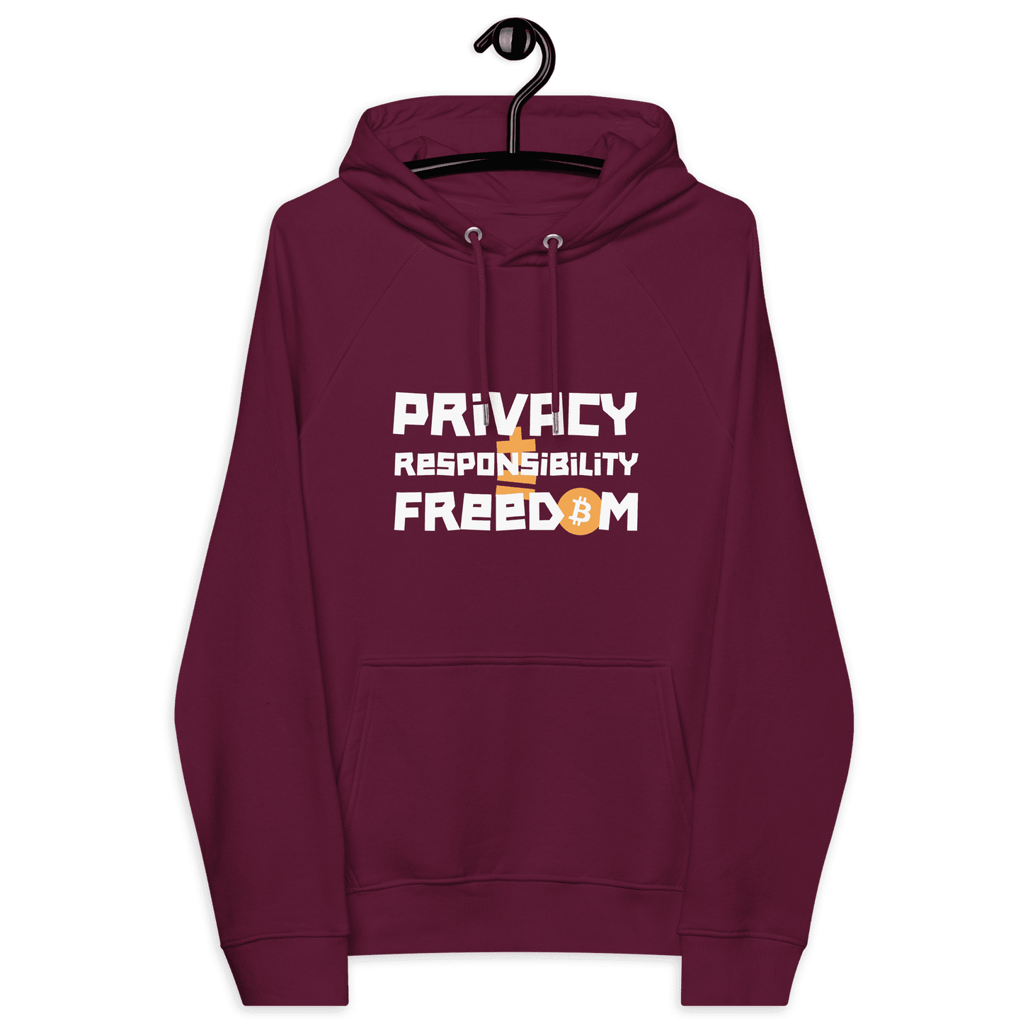 Front view of a burgundy bitcoin hoodie.