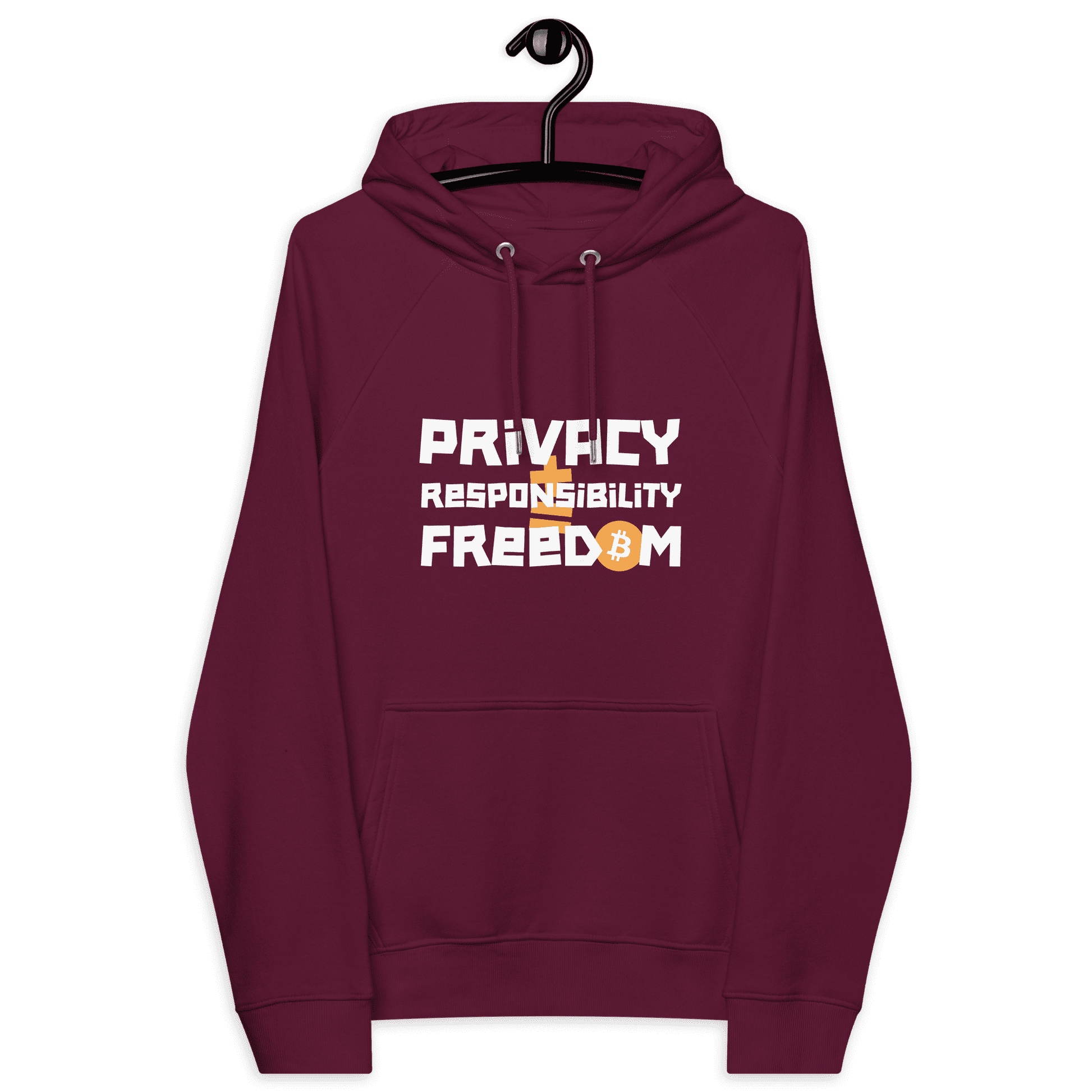 Front view of a burgundy bitcoin hoodie.