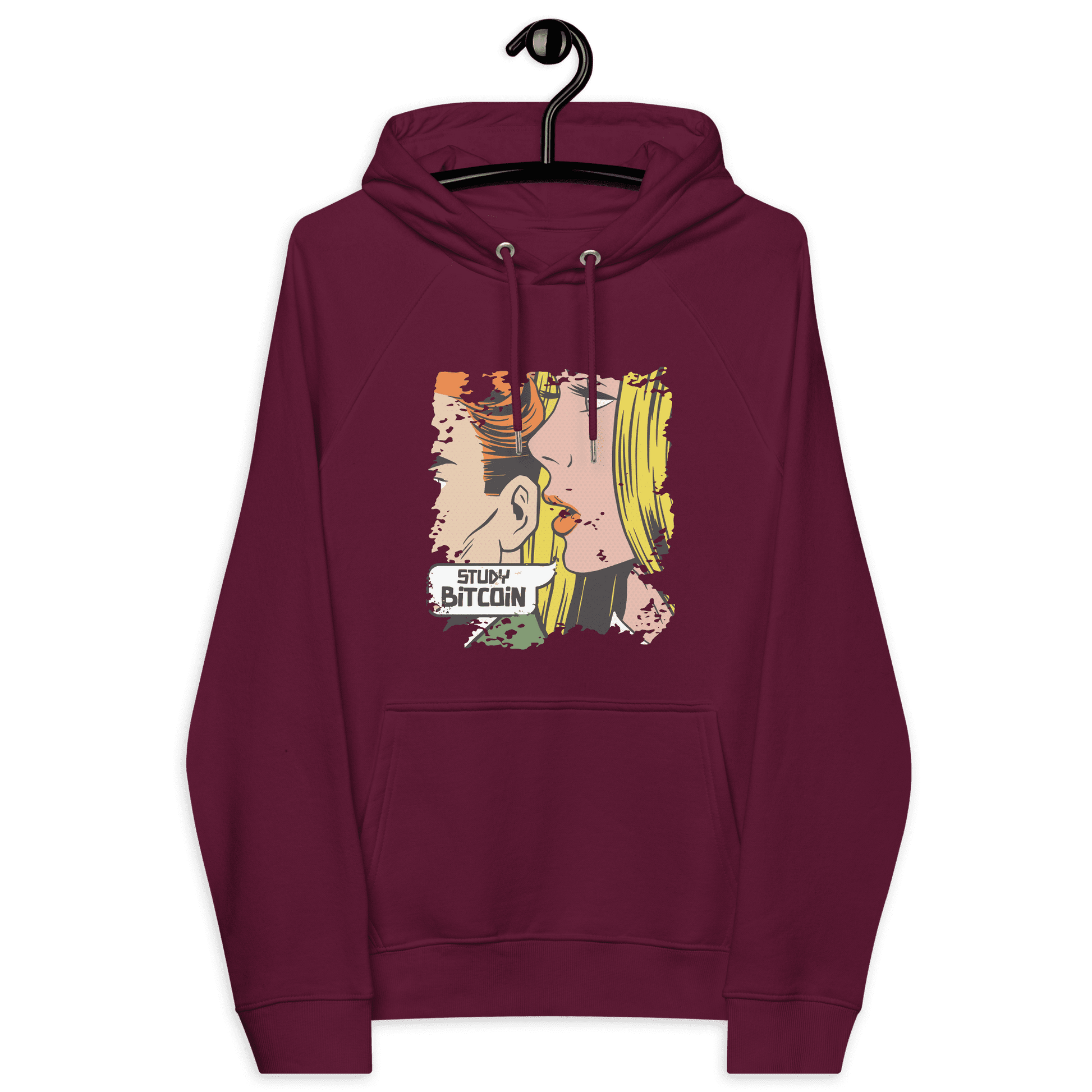 Front view of a burgundy bitcoin hoodie.