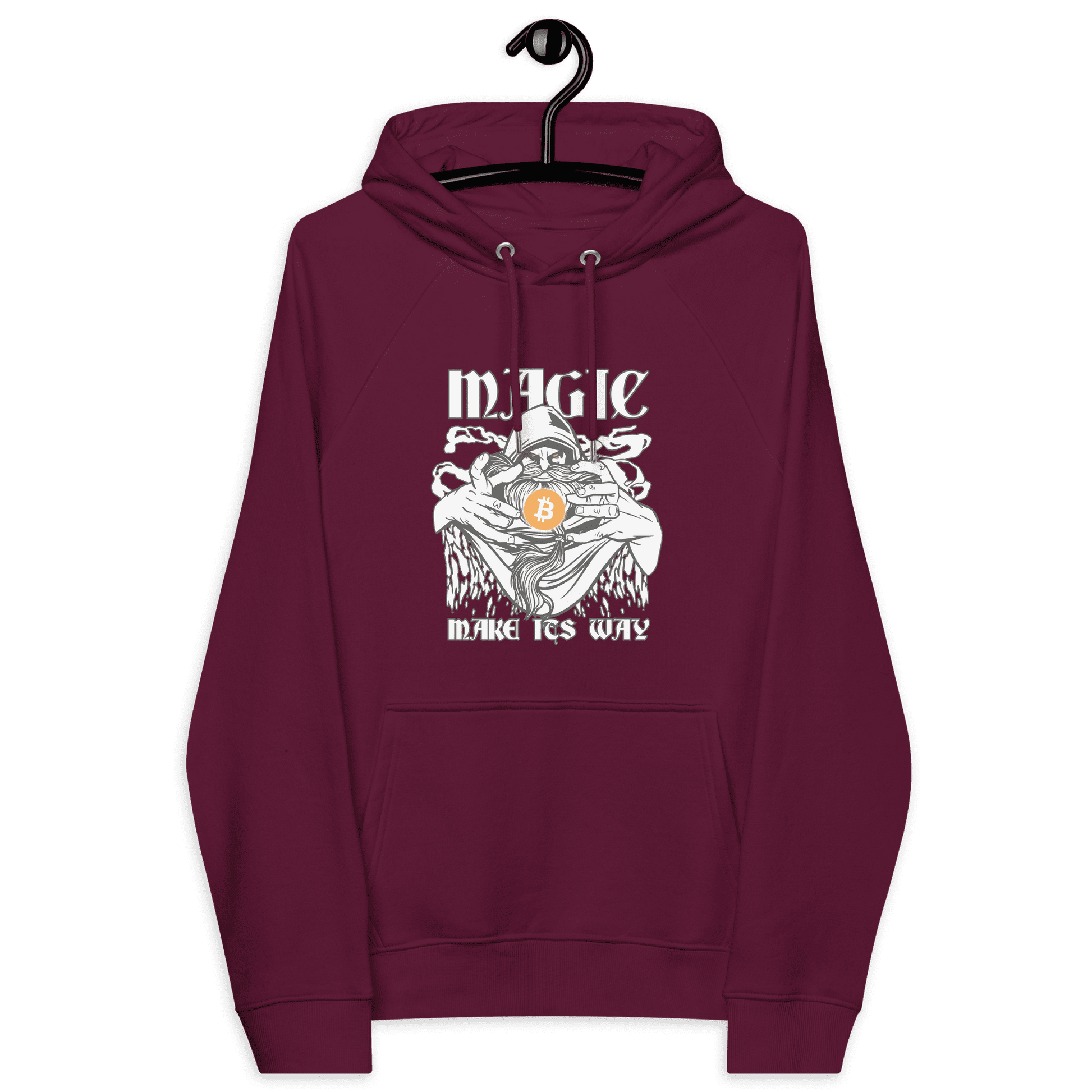 Front view of a burgundy bitcoin hoodie.