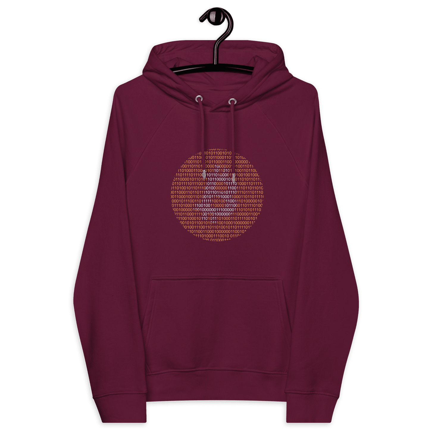 Front view of a burgundy bitcoin hoodie.
