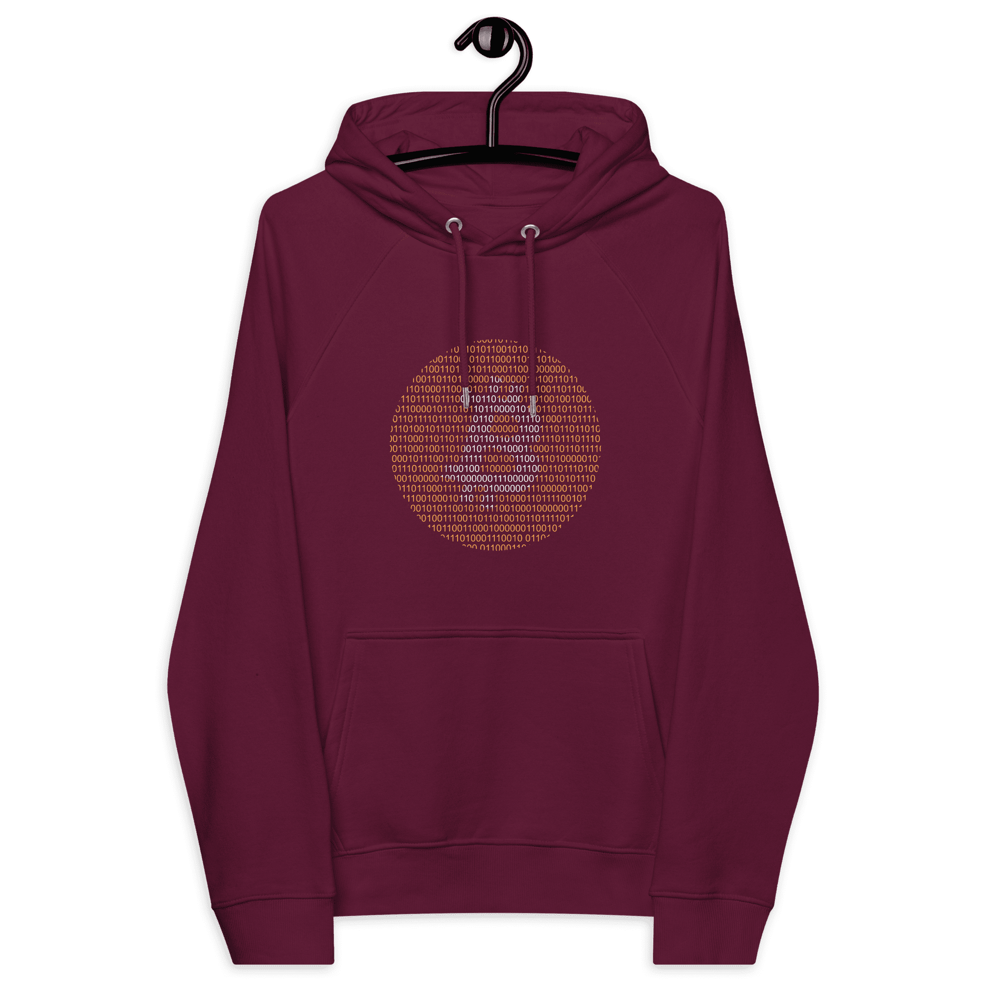 Front view of a burgundy bitcoin hoodie.