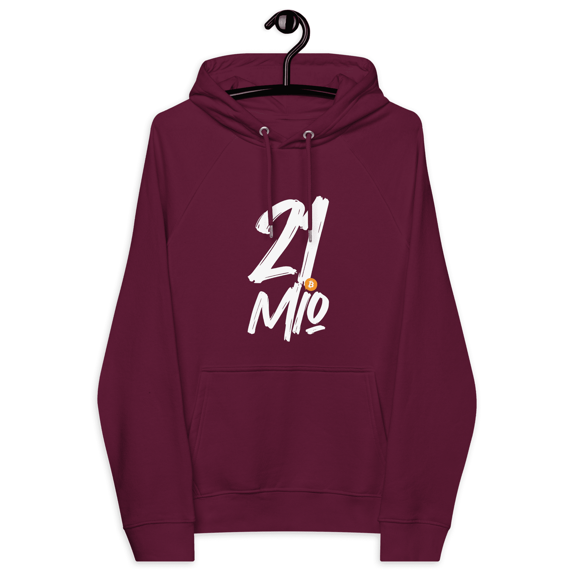 Front view of a burgundy bitcoin hoodie.