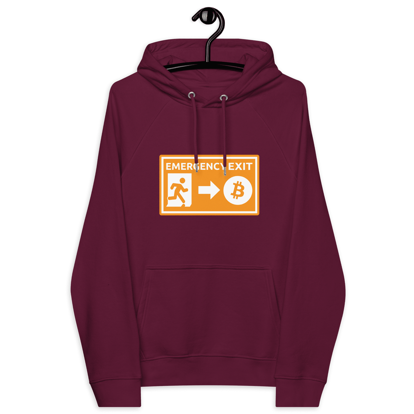 Front view of a burgundy bitcoin hoodie.
