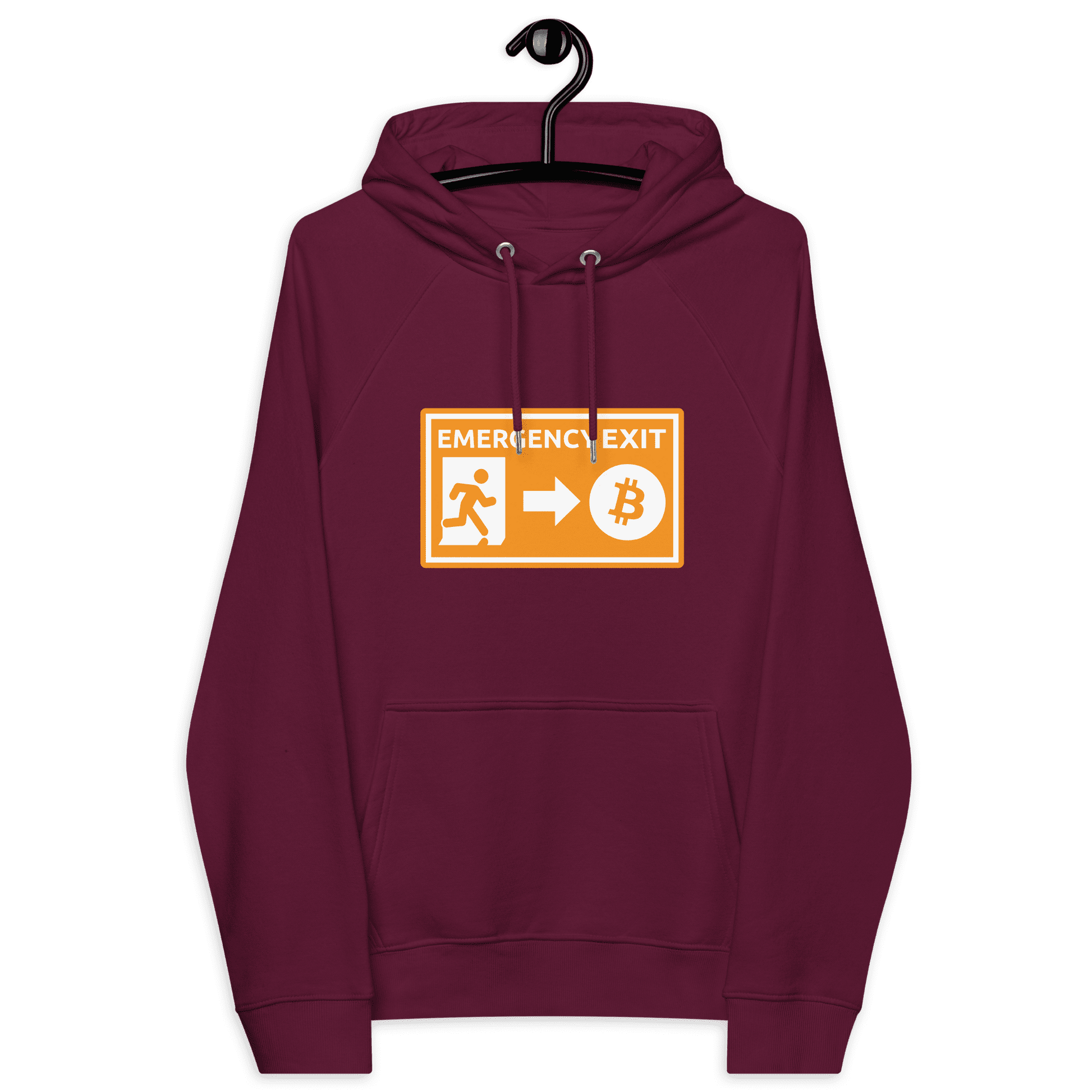 Front view of a burgundy bitcoin hoodie.