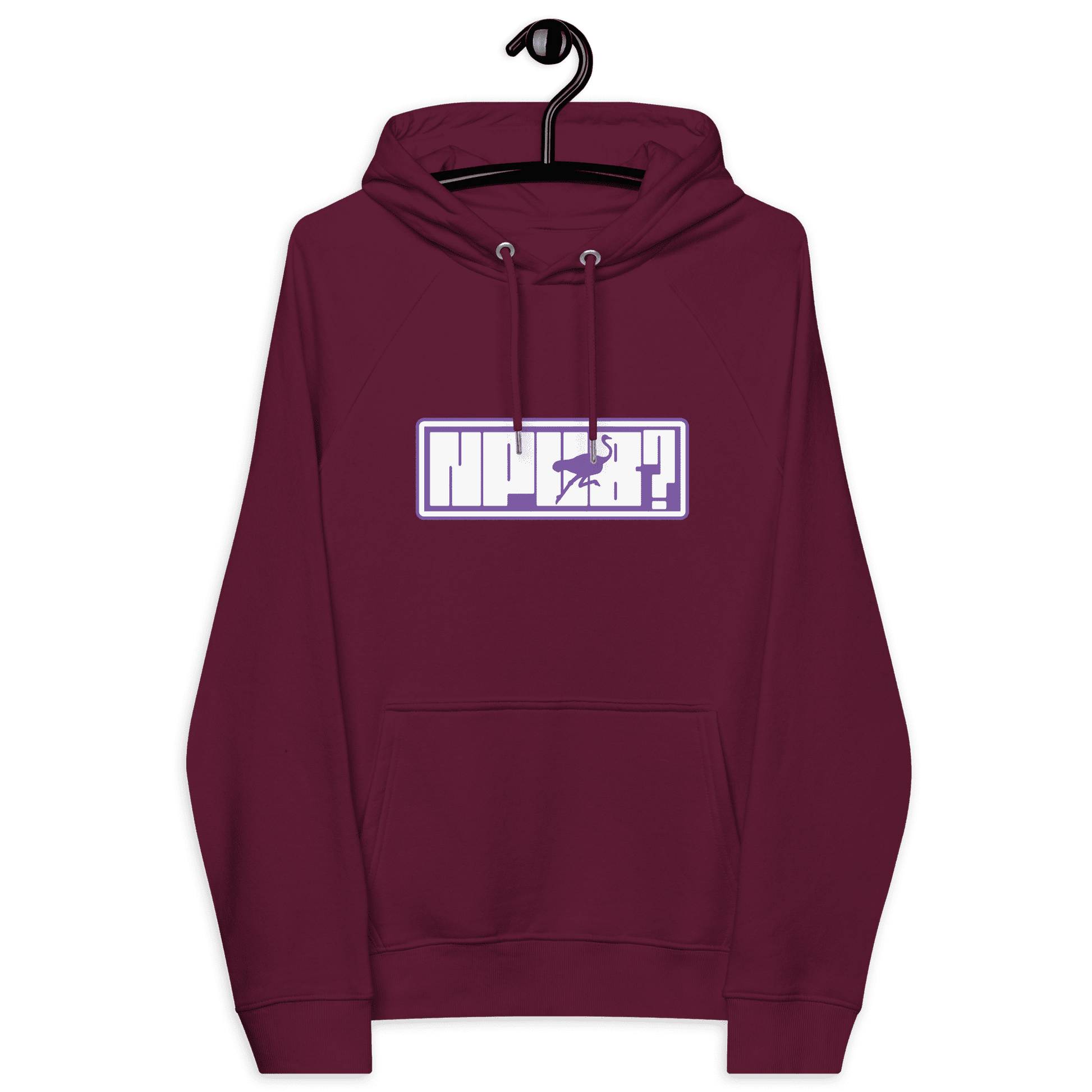 Front view of a burgundy nostr hoodie.