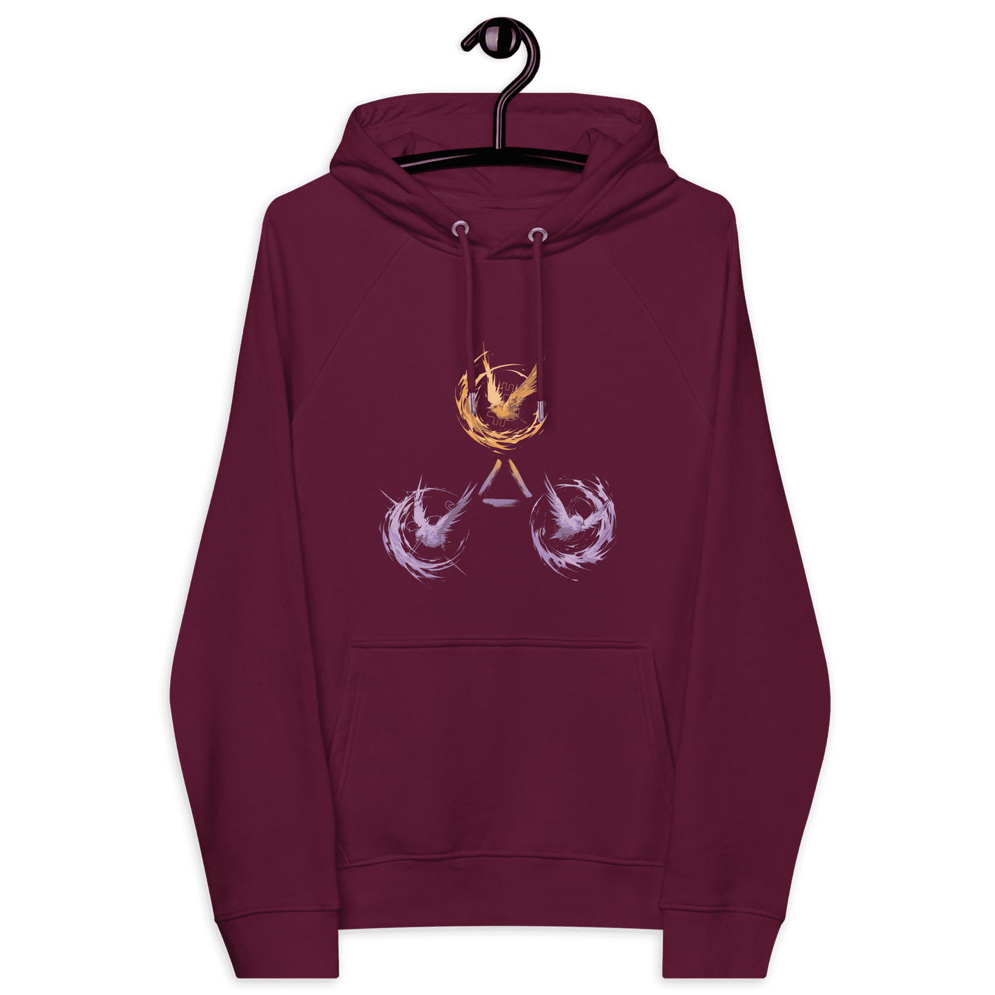 Front view of a burgundy bitcoin hoodie.