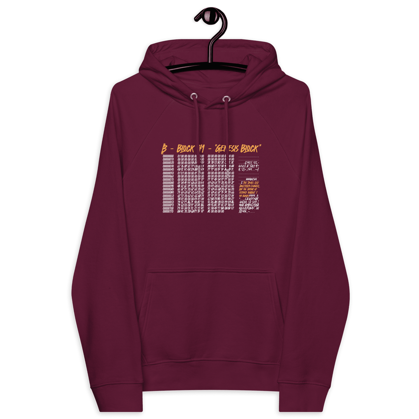 Front view of a burgundy bitcoin hoodie.