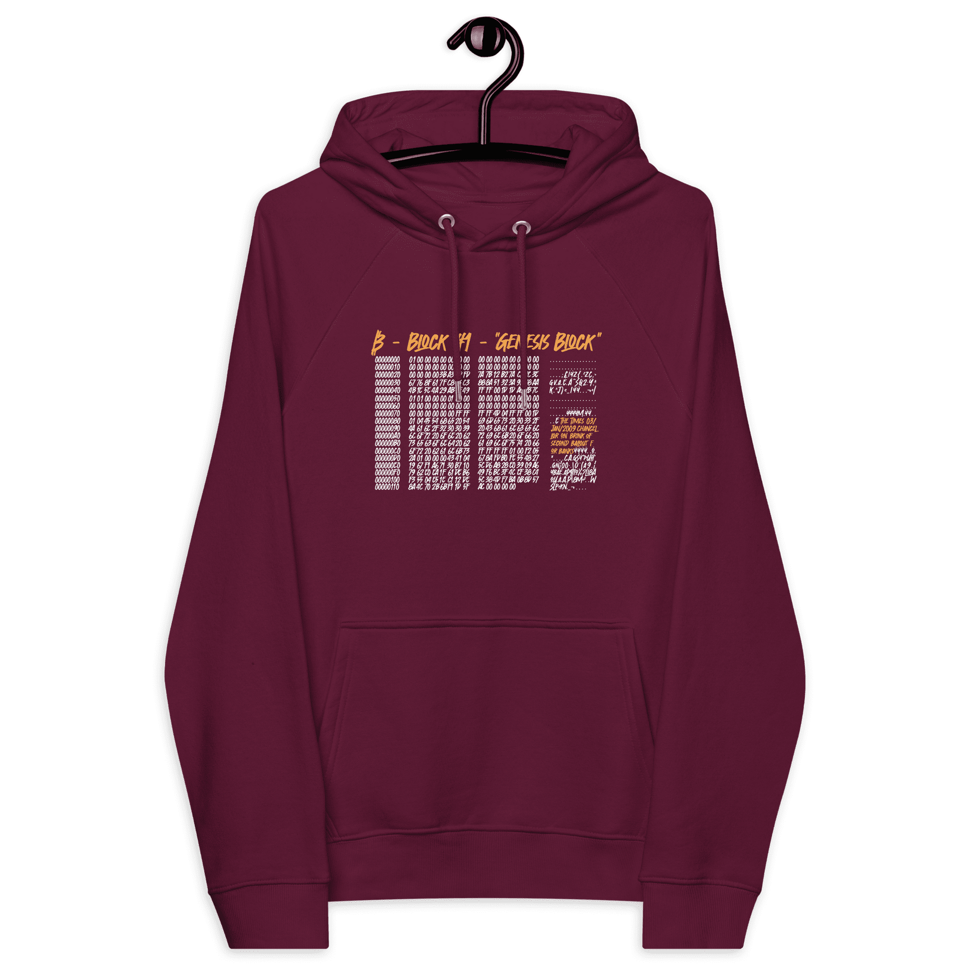 Front view of a burgundy bitcoin hoodie.