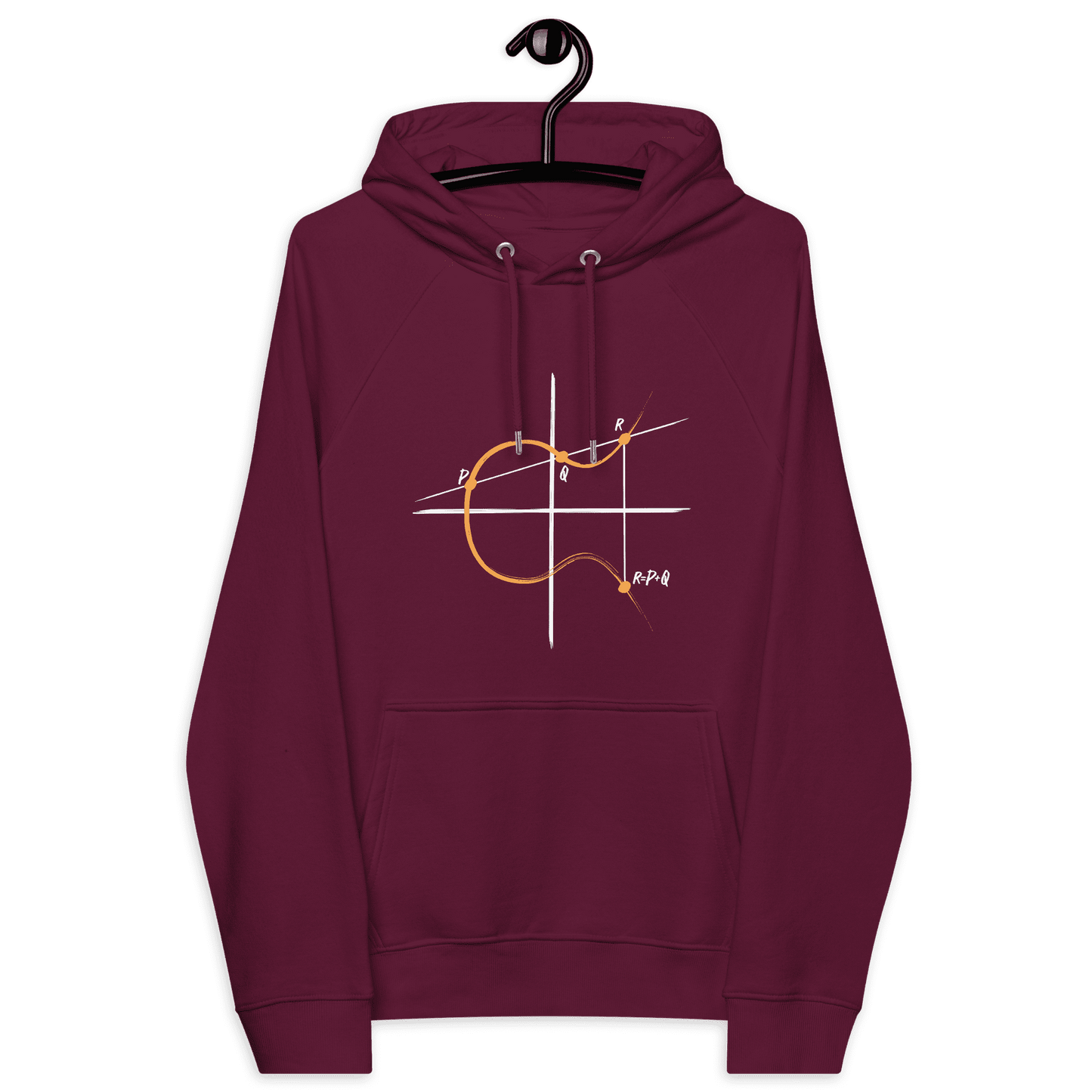 Front view of a burgundy bitcoin hoodie.