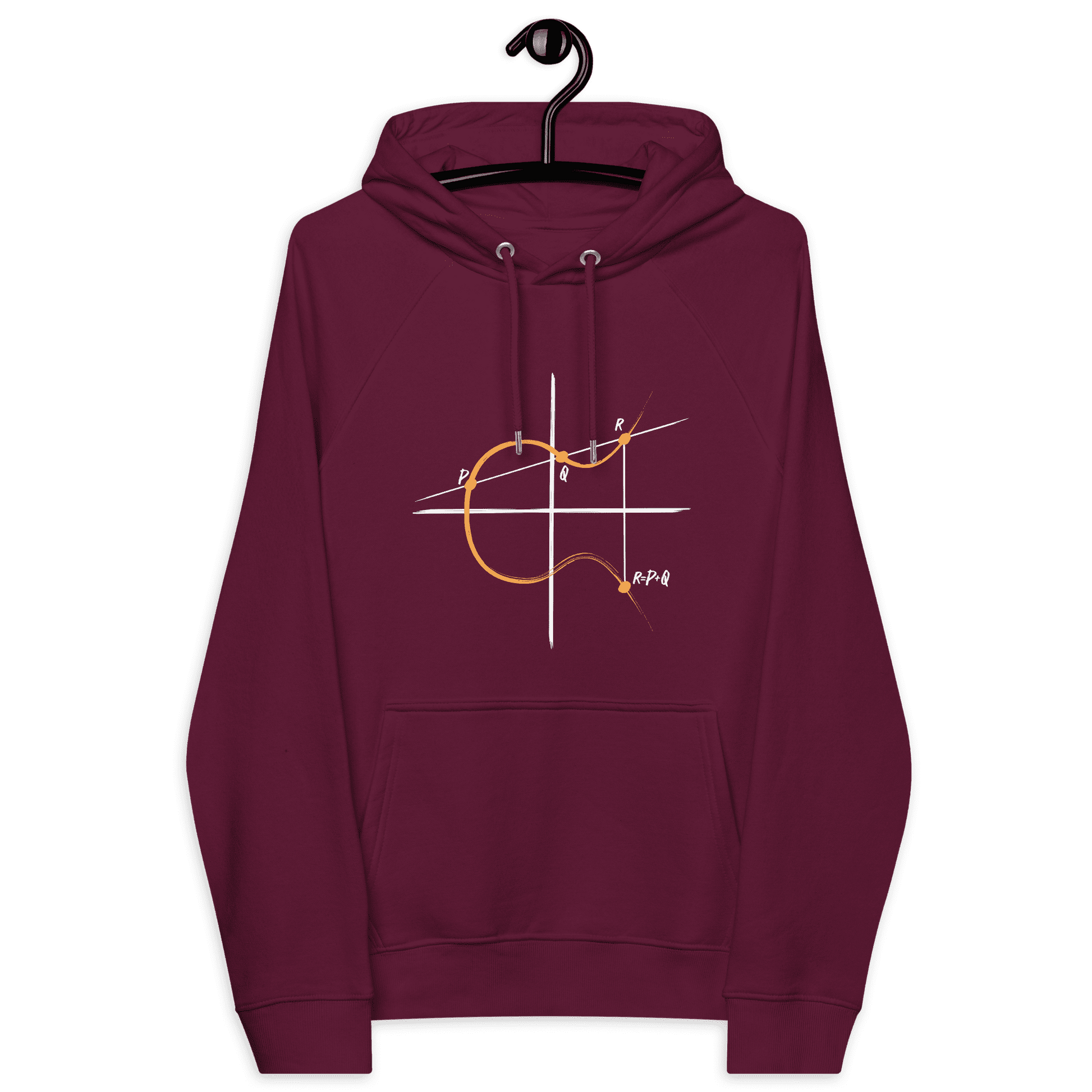 Front view of a burgundy bitcoin hoodie.