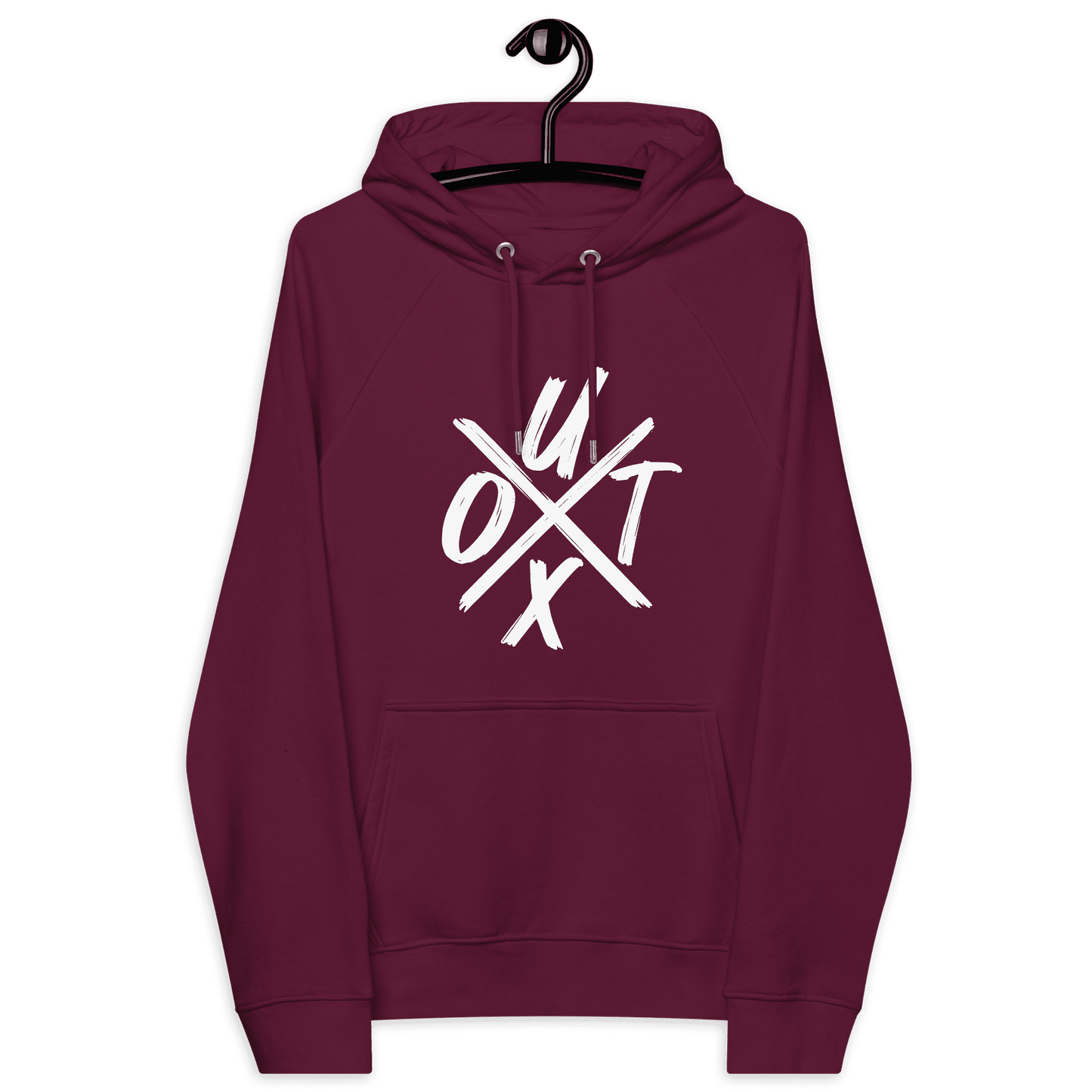 Front view of a burgundy bitcoin hoodie.