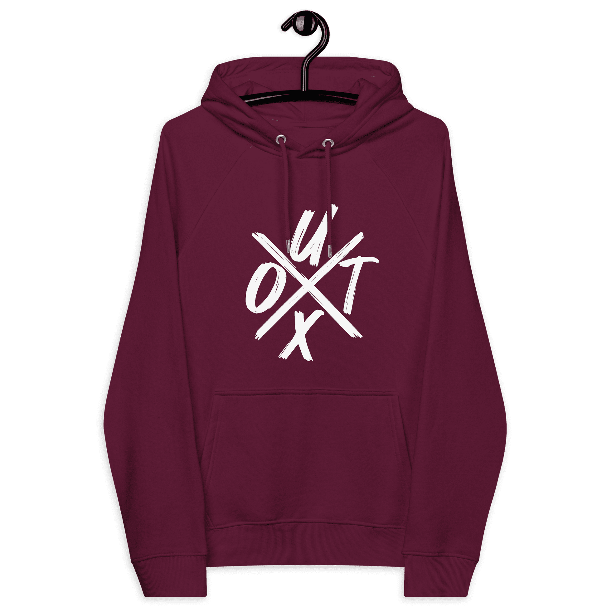 Front view of a burgundy bitcoin hoodie.