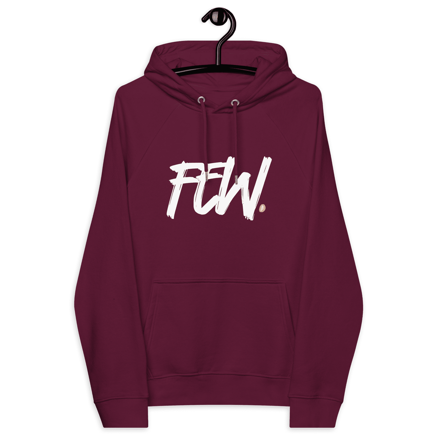 Front view of a burgundy bitcoin hoodie.