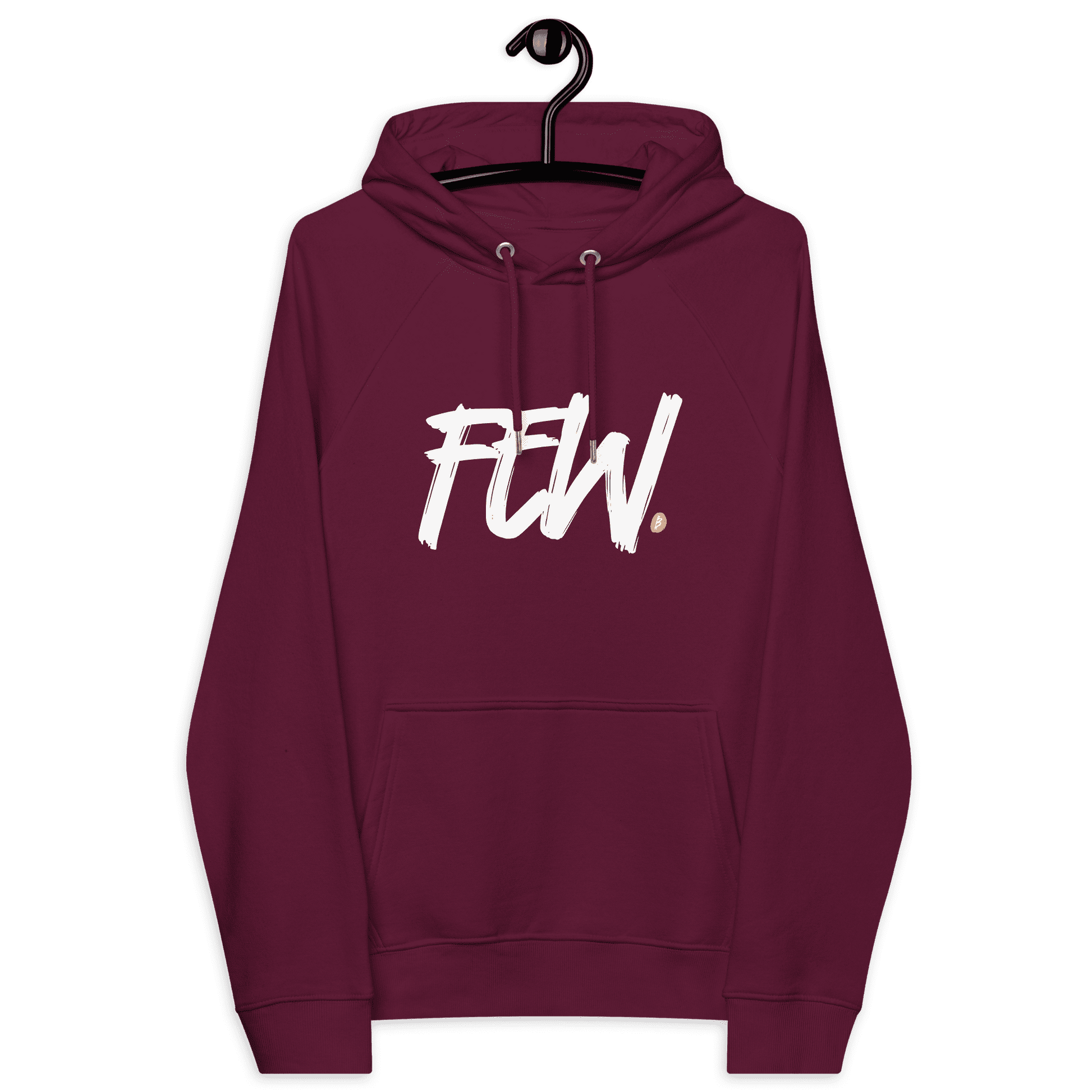 Front view of a burgundy bitcoin hoodie.
